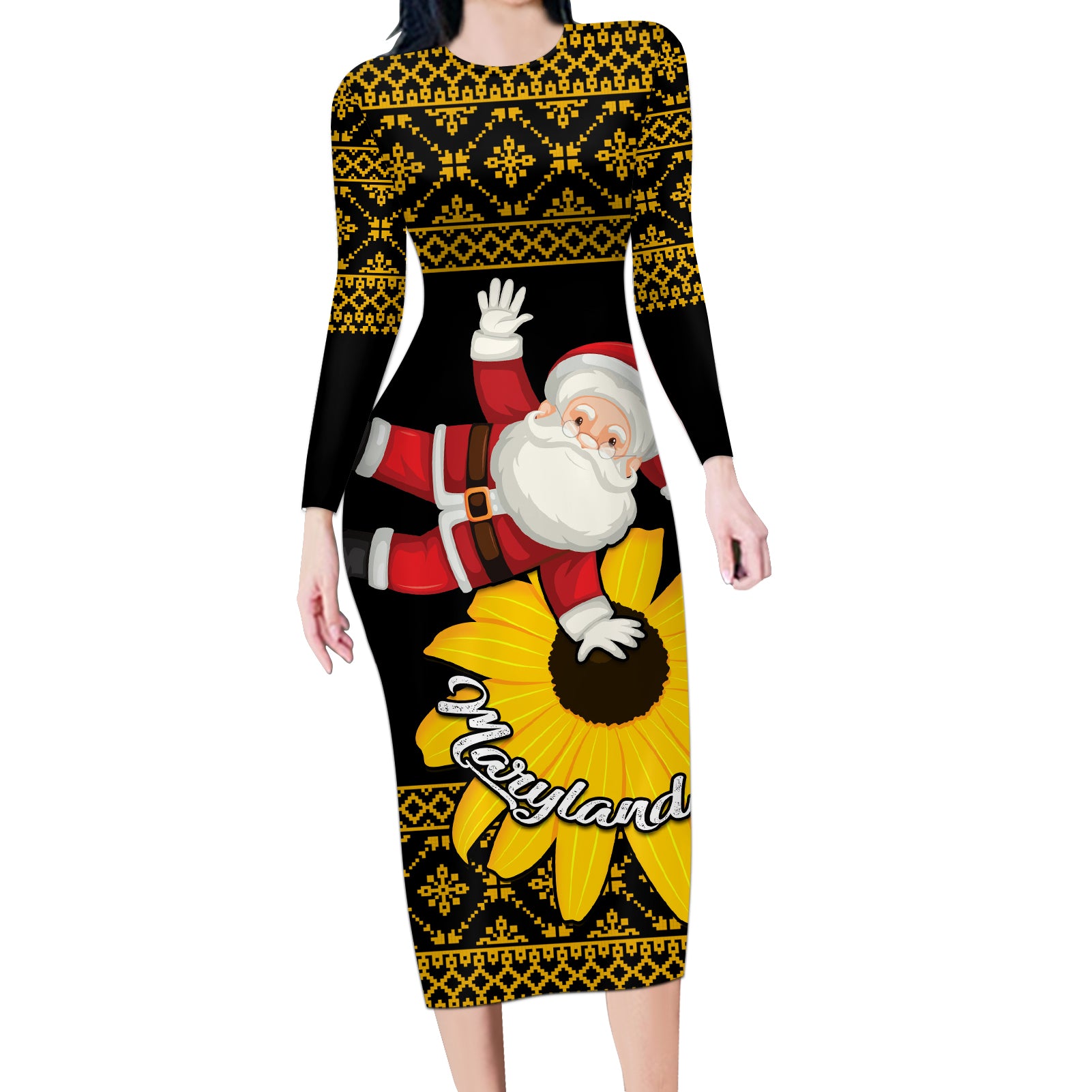 Maryland Christmas Long Sleeve Bodycon Dress Santa Claus With Black Eyed Susan Flower - Wonder Print Shop