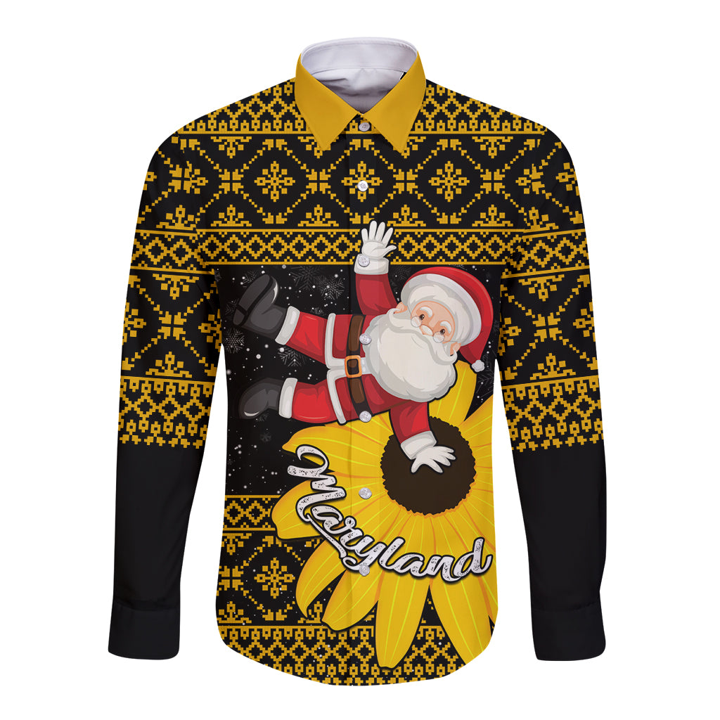 Maryland Christmas Long Sleeve Button Shirt Santa Claus With Black Eyed Susan Flower - Wonder Print Shop