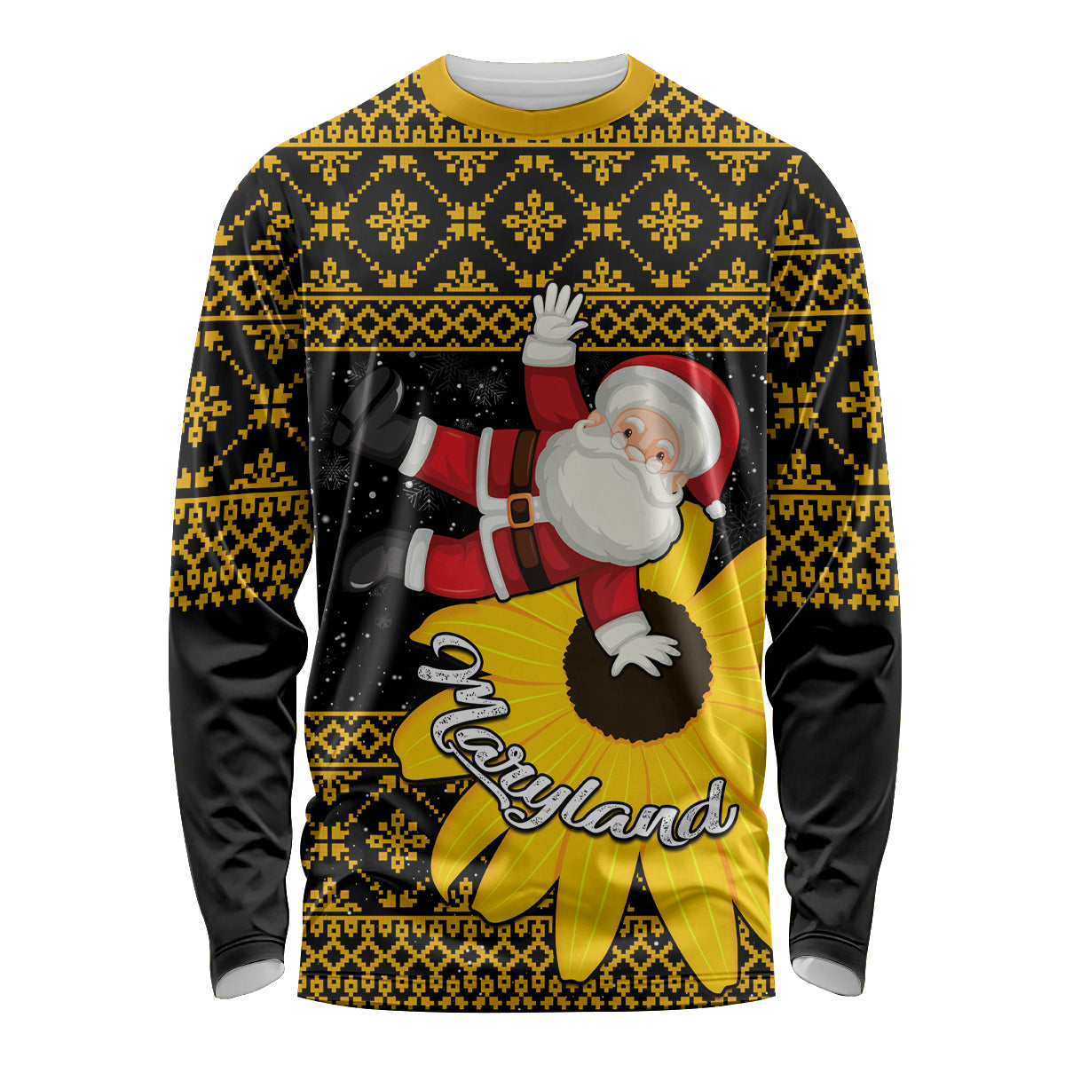 Maryland Christmas Long Sleeve Shirt Santa Claus With Black Eyed Susan Flower - Wonder Print Shop