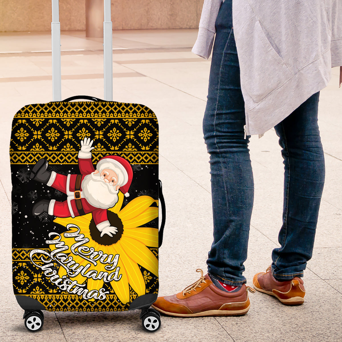 Maryland Christmas Luggage Cover Santa Claus With Black Eyed Susan Flower - Wonder Print Shop