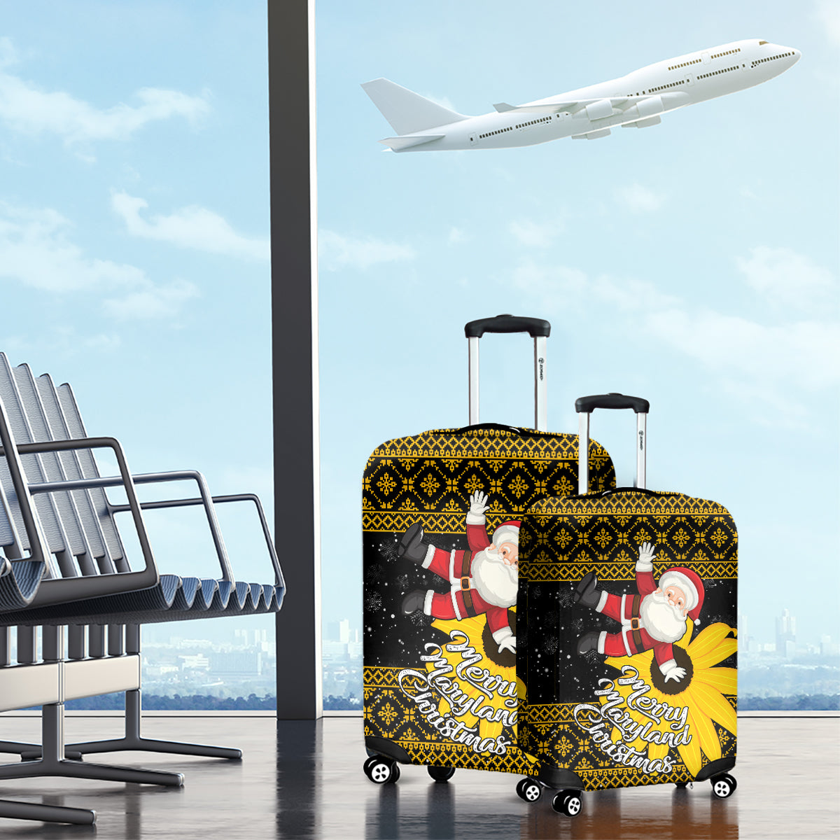 Maryland Christmas Luggage Cover Santa Claus With Black Eyed Susan Flower - Wonder Print Shop