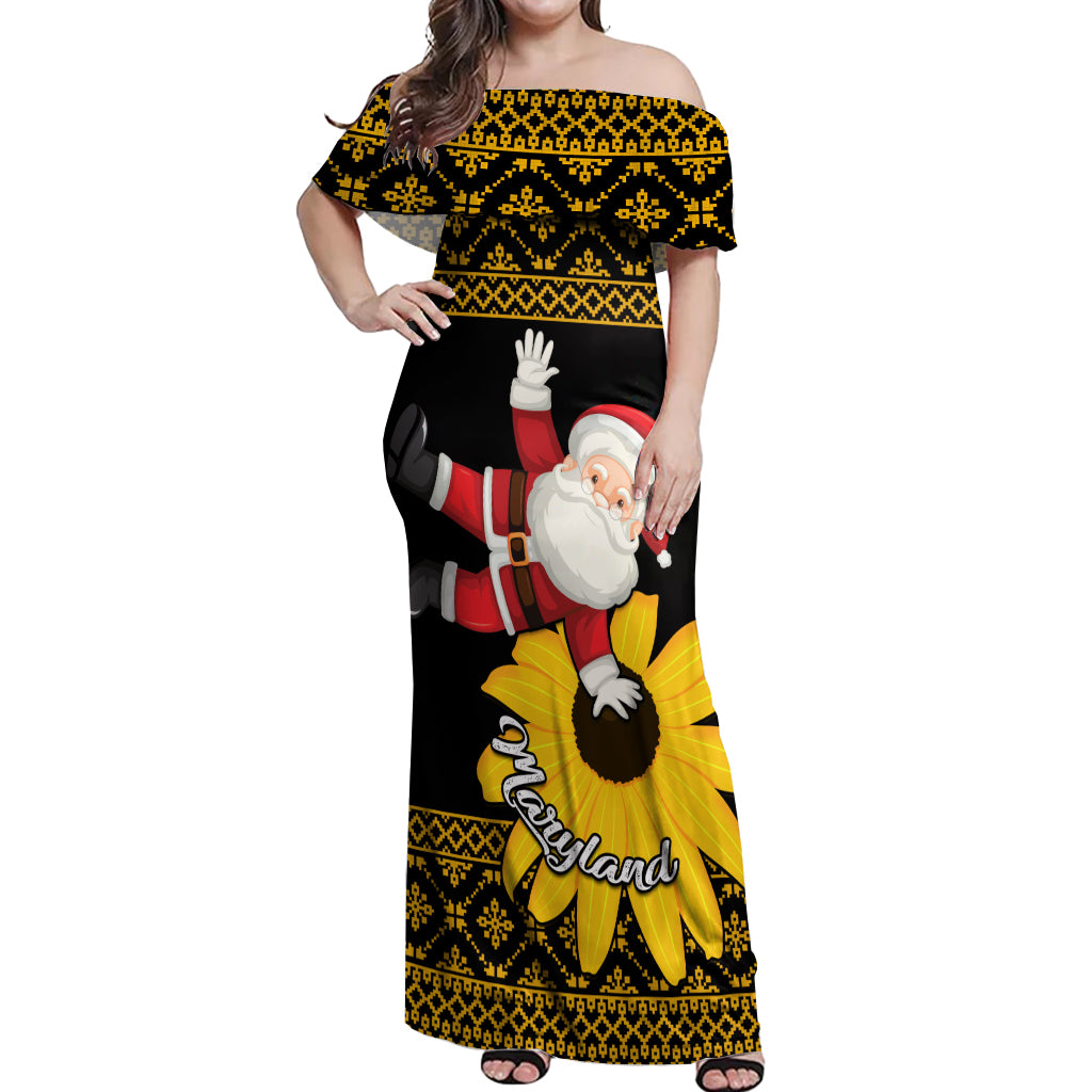 Maryland Christmas Off Shoulder Maxi Dress Santa Claus With Black Eyed Susan Flower - Wonder Print Shop