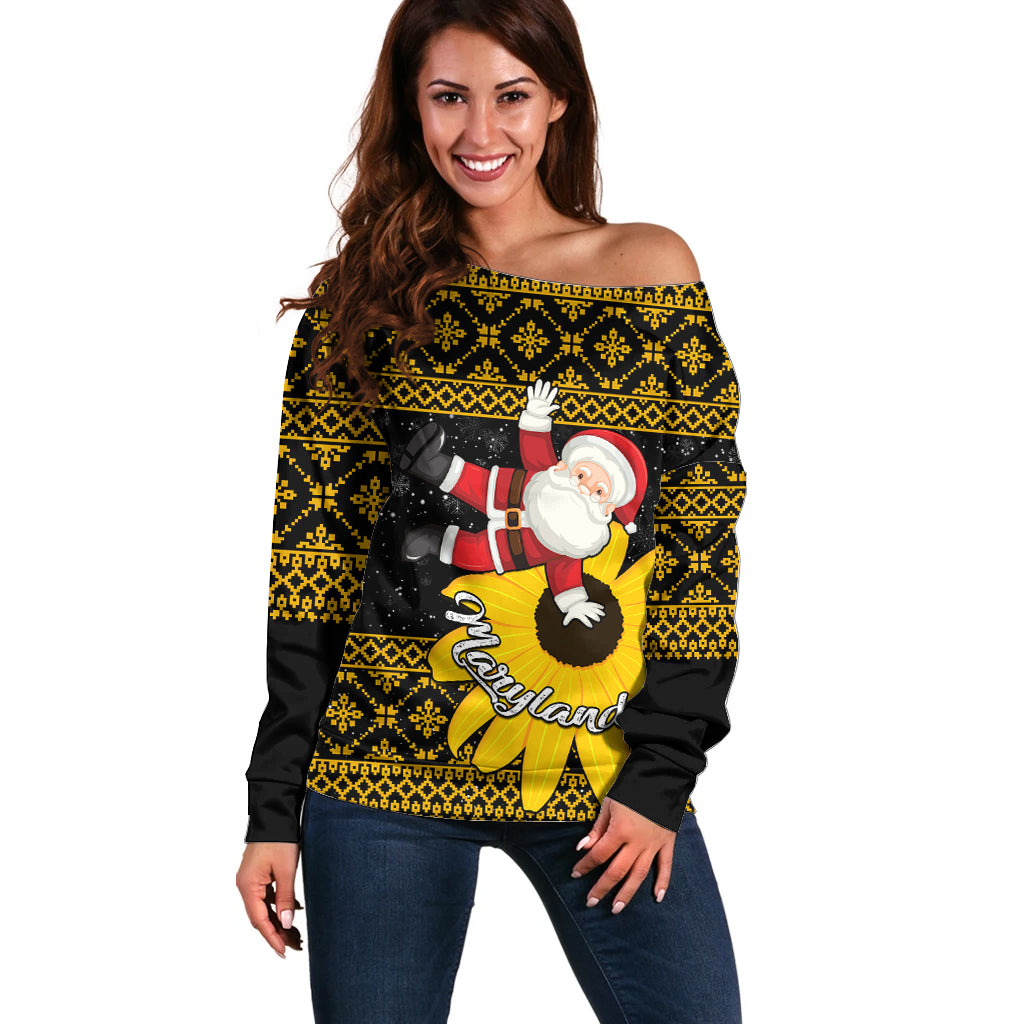 Maryland Christmas Off Shoulder Sweater Santa Claus With Black Eyed Susan Flower - Wonder Print Shop