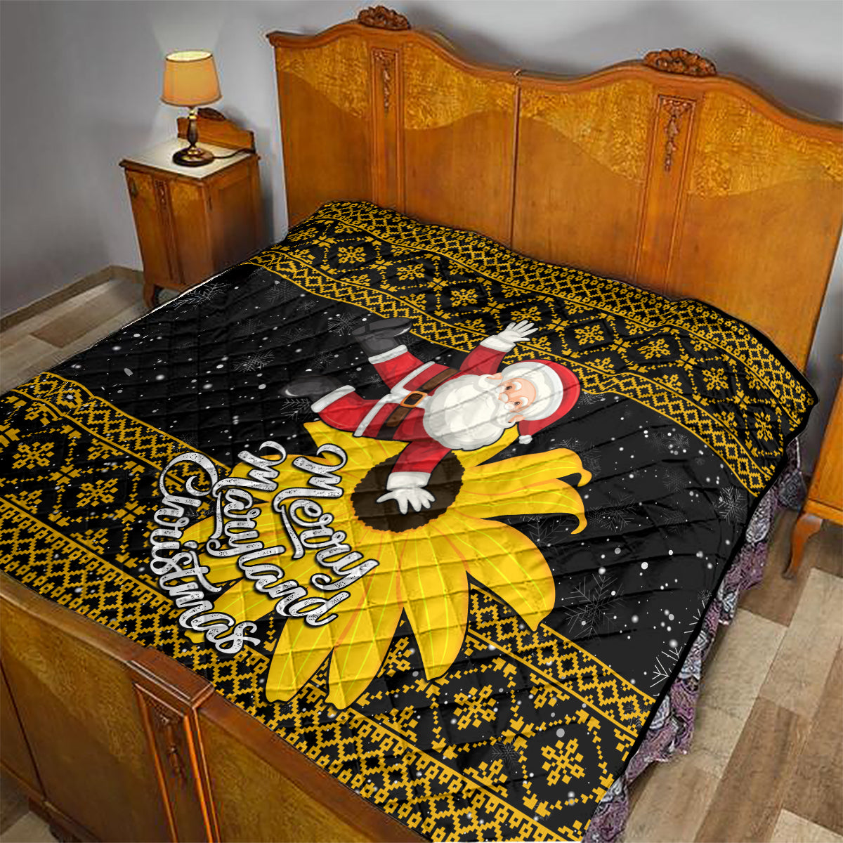 Maryland Christmas Quilt Santa Claus With Black Eyed Susan Flower - Wonder Print Shop