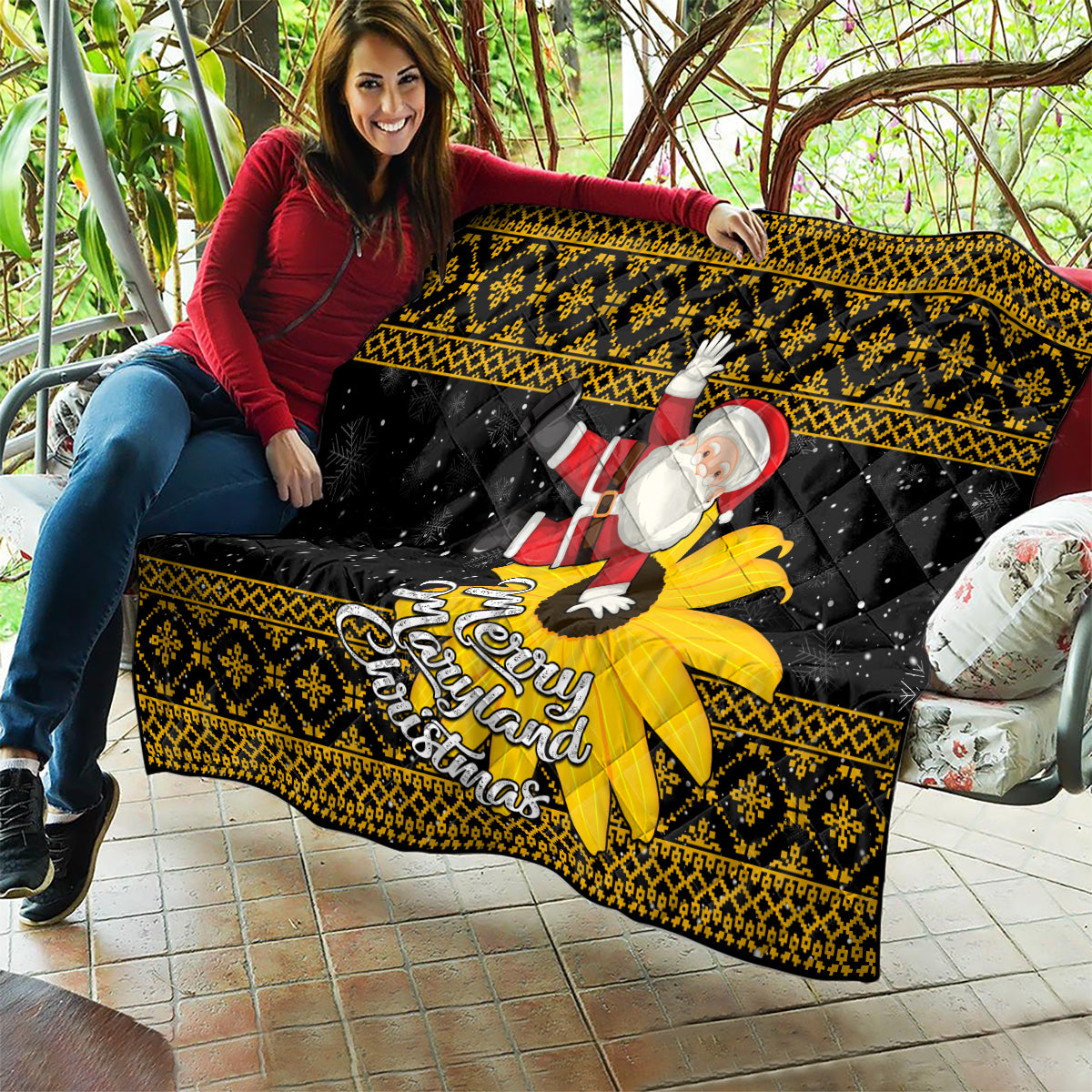 Maryland Christmas Quilt Santa Claus With Black Eyed Susan Flower - Wonder Print Shop