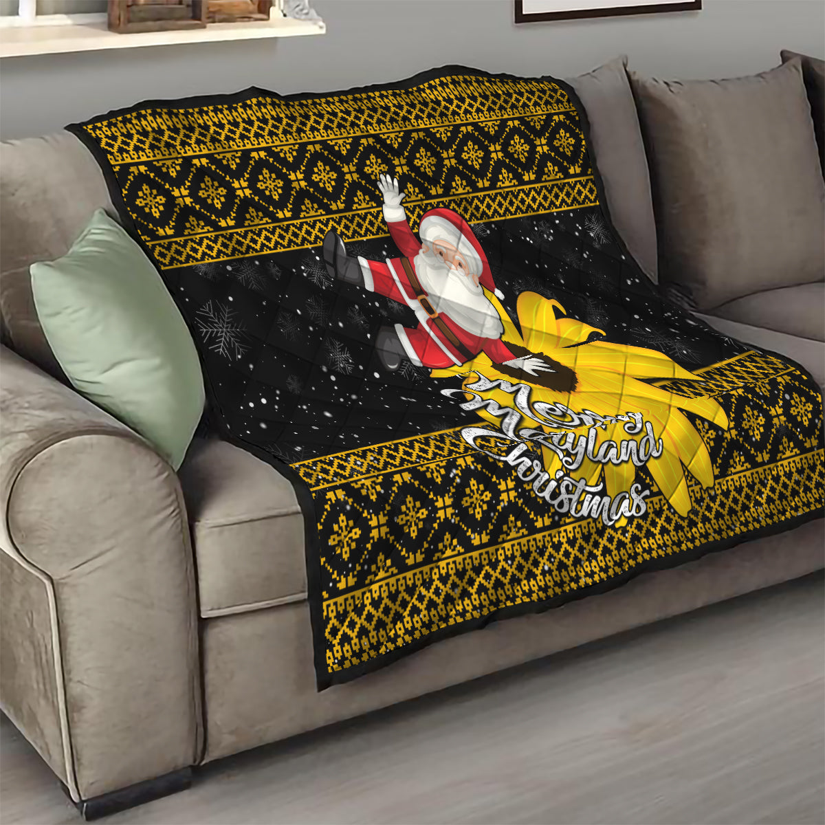 Maryland Christmas Quilt Santa Claus With Black Eyed Susan Flower - Wonder Print Shop