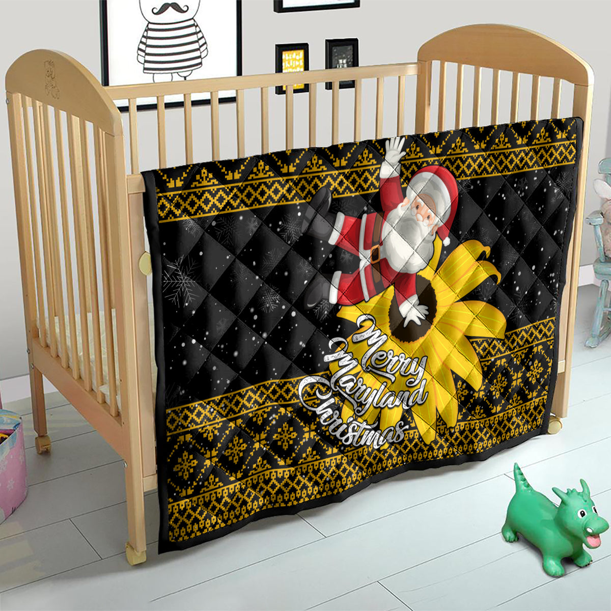 Maryland Christmas Quilt Santa Claus With Black Eyed Susan Flower - Wonder Print Shop