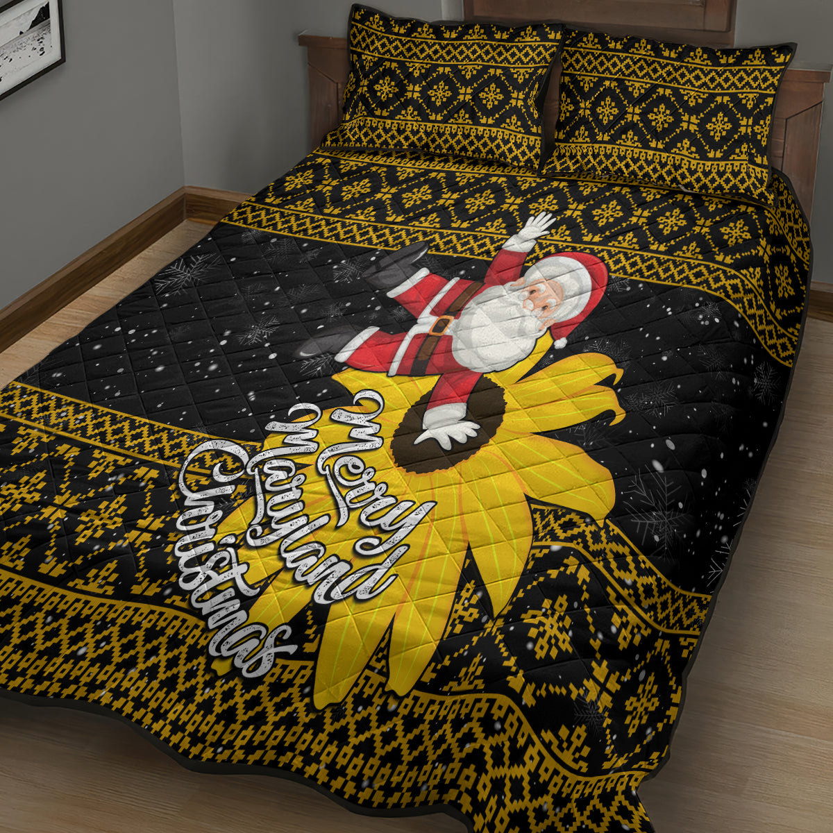 Maryland Christmas Quilt Bed Set Santa Claus With Black Eyed Susan Flower - Wonder Print Shop