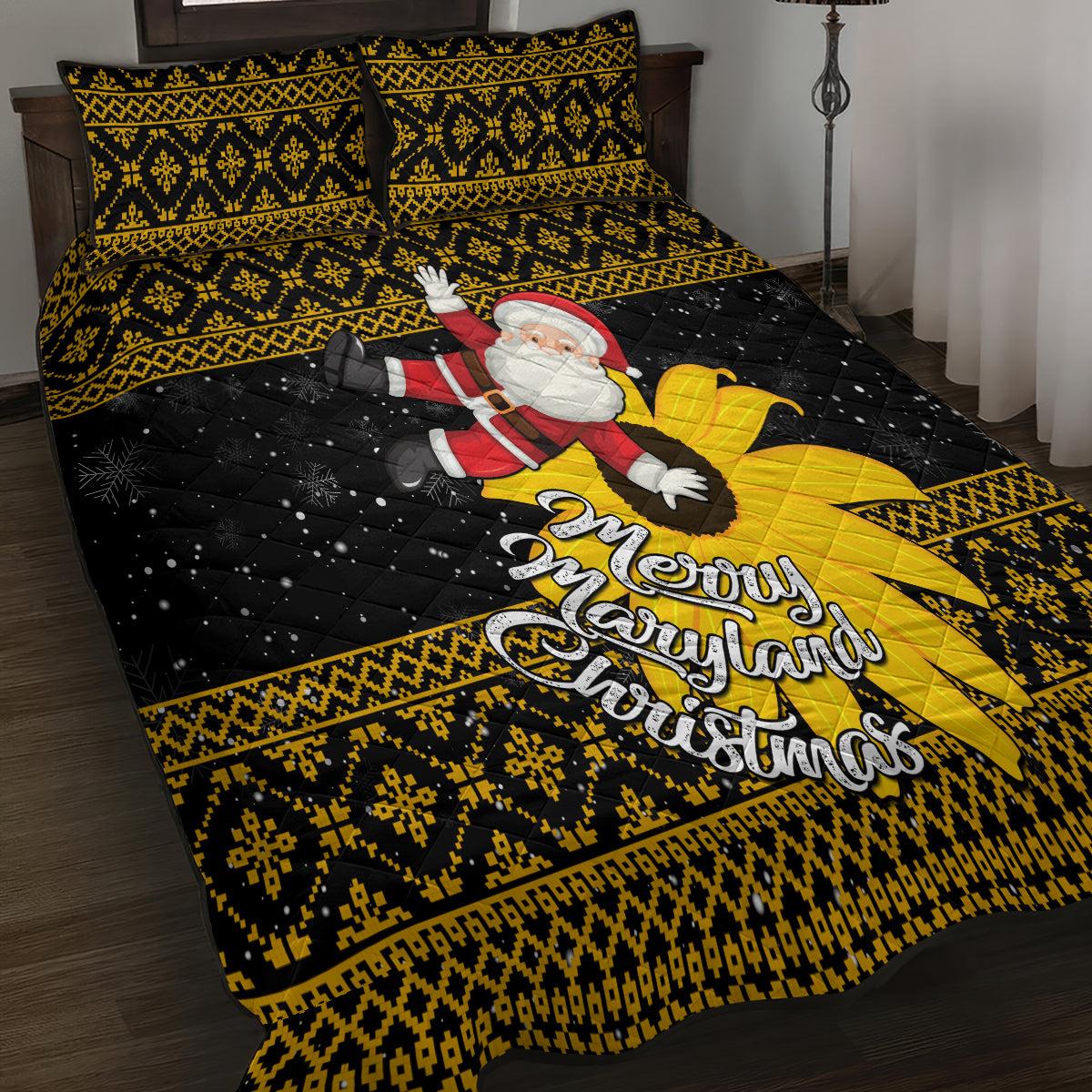 Maryland Christmas Quilt Bed Set Santa Claus With Black Eyed Susan Flower - Wonder Print Shop