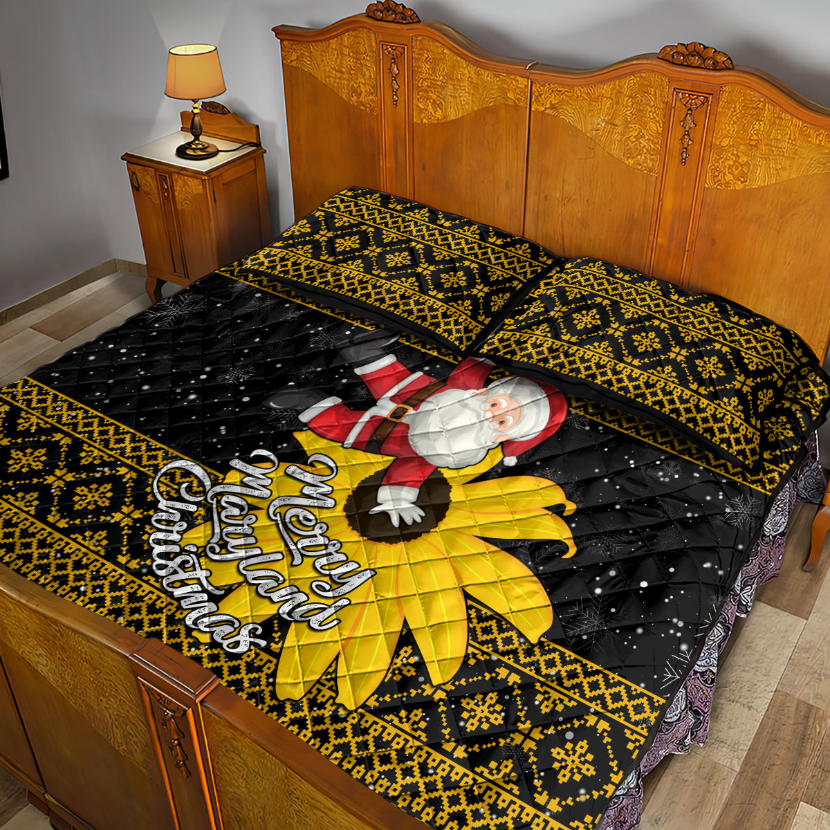 Maryland Christmas Quilt Bed Set Santa Claus With Black Eyed Susan Flower - Wonder Print Shop