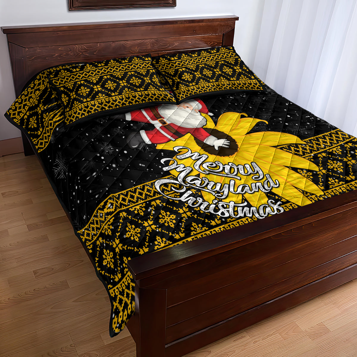 Maryland Christmas Quilt Bed Set Santa Claus With Black Eyed Susan Flower - Wonder Print Shop