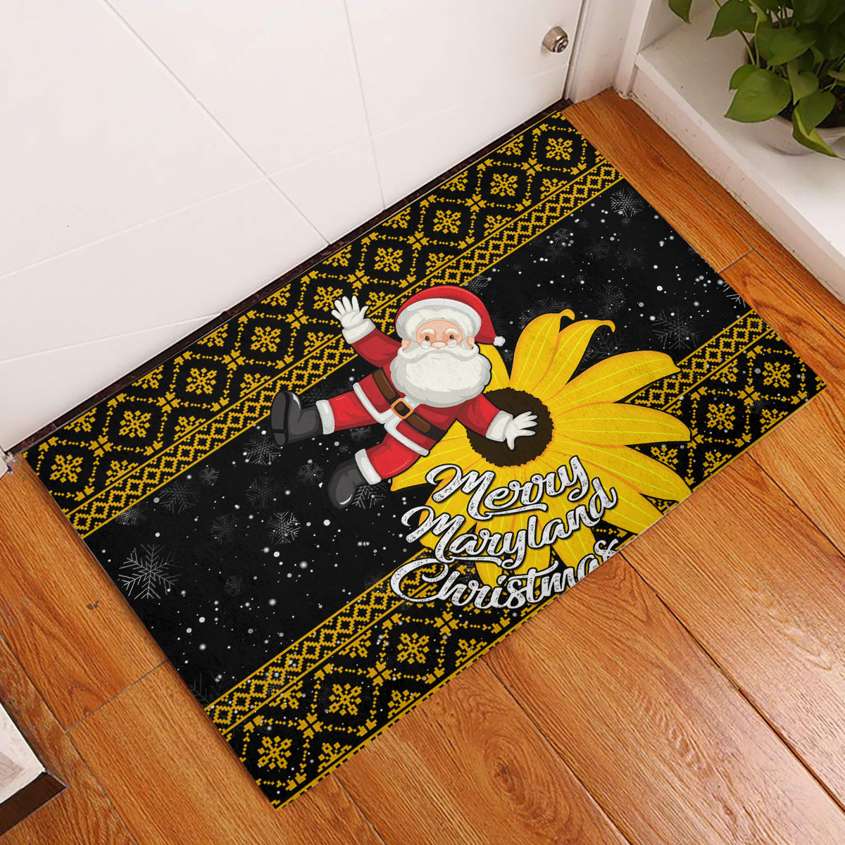 Maryland Christmas Rubber Doormat Santa Claus With Black Eyed Susan Flower - Wonder Print Shop