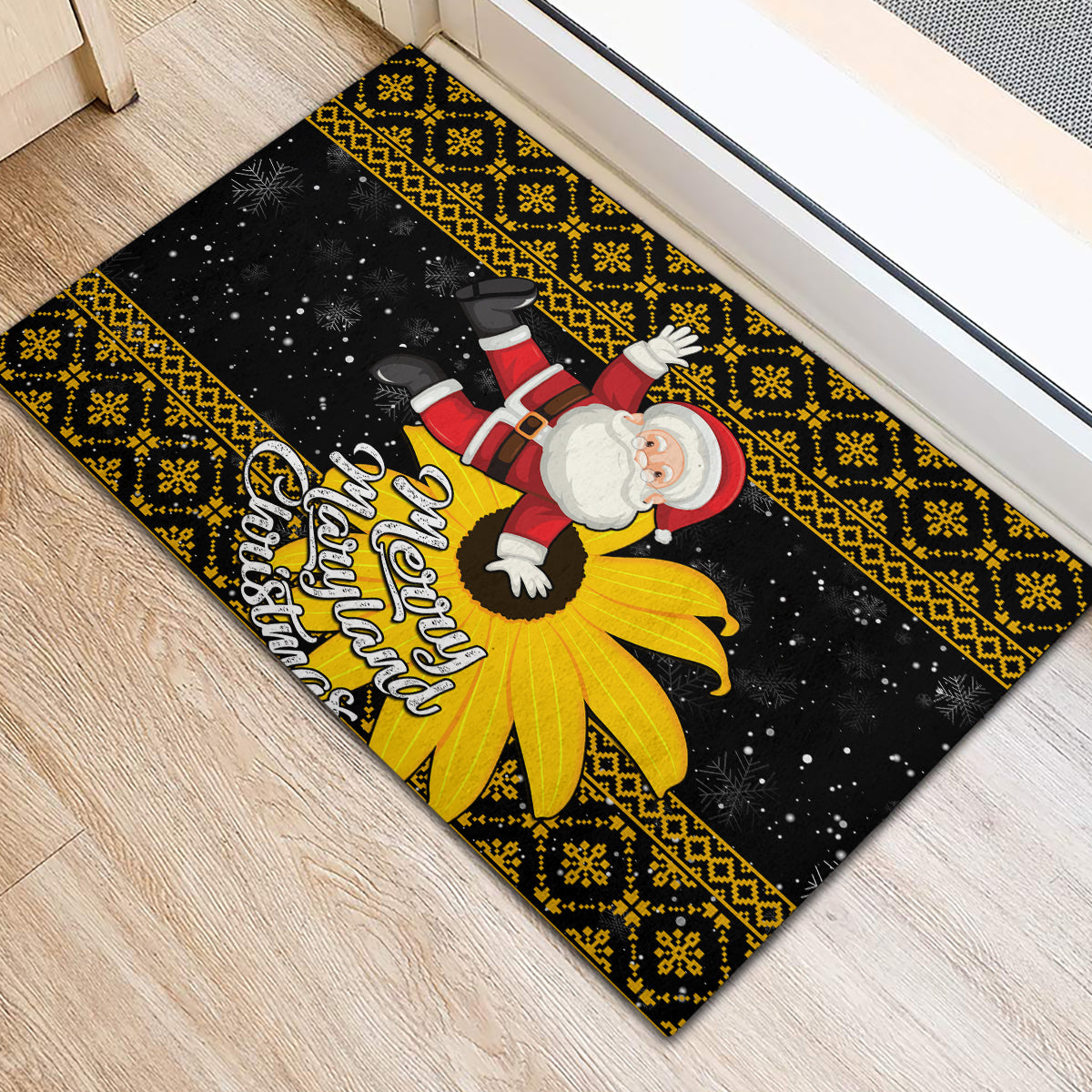 Maryland Christmas Rubber Doormat Santa Claus With Black Eyed Susan Flower - Wonder Print Shop