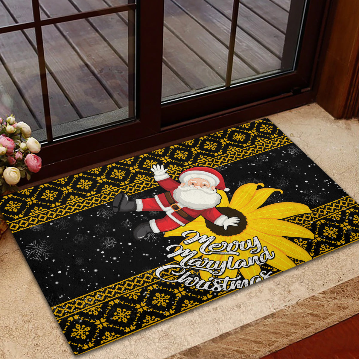 Maryland Christmas Rubber Doormat Santa Claus With Black Eyed Susan Flower - Wonder Print Shop