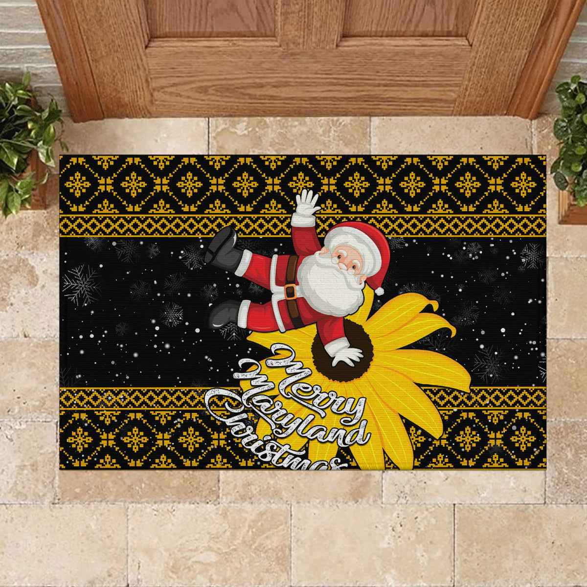 Maryland Christmas Rubber Doormat Santa Claus With Black Eyed Susan Flower - Wonder Print Shop