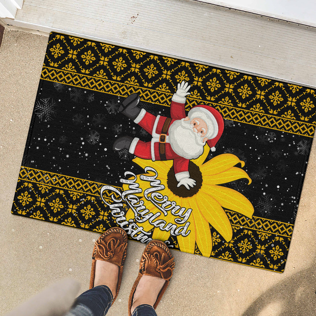 Maryland Christmas Rubber Doormat Santa Claus With Black Eyed Susan Flower - Wonder Print Shop