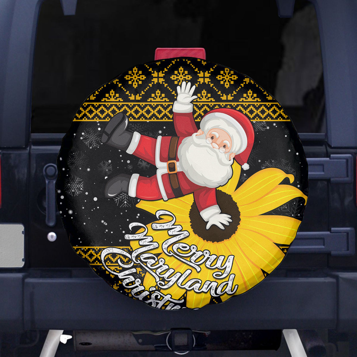Maryland Christmas Spare Tire Cover Santa Claus With Black Eyed Susan Flower - Wonder Print Shop