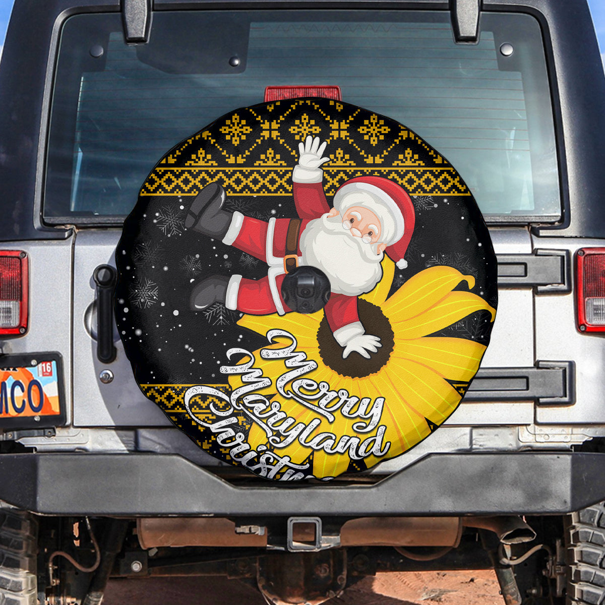Maryland Christmas Spare Tire Cover Santa Claus With Black Eyed Susan Flower - Wonder Print Shop