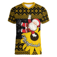 Maryland Christmas Women V Neck T Shirt Santa Claus With Black Eyed Susan Flower - Wonder Print Shop