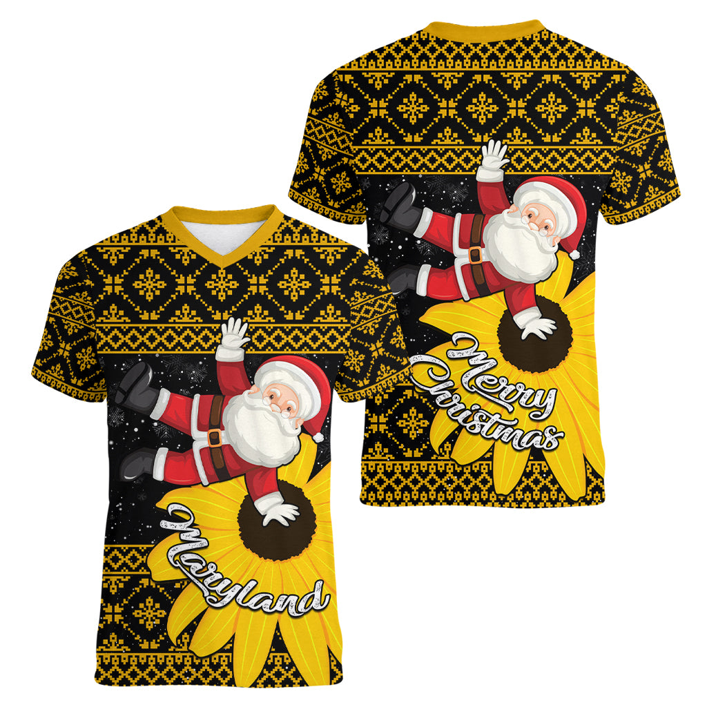 Maryland Christmas Women V Neck T Shirt Santa Claus With Black Eyed Susan Flower - Wonder Print Shop