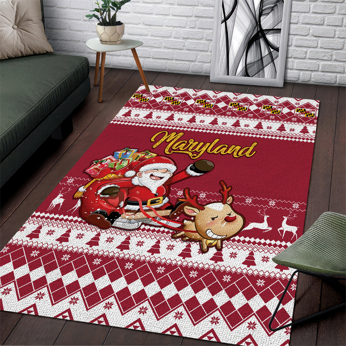 Custom Maryland Christmas Area Rug Santa Claus Riding A Reindeer - Wonder Print Shop