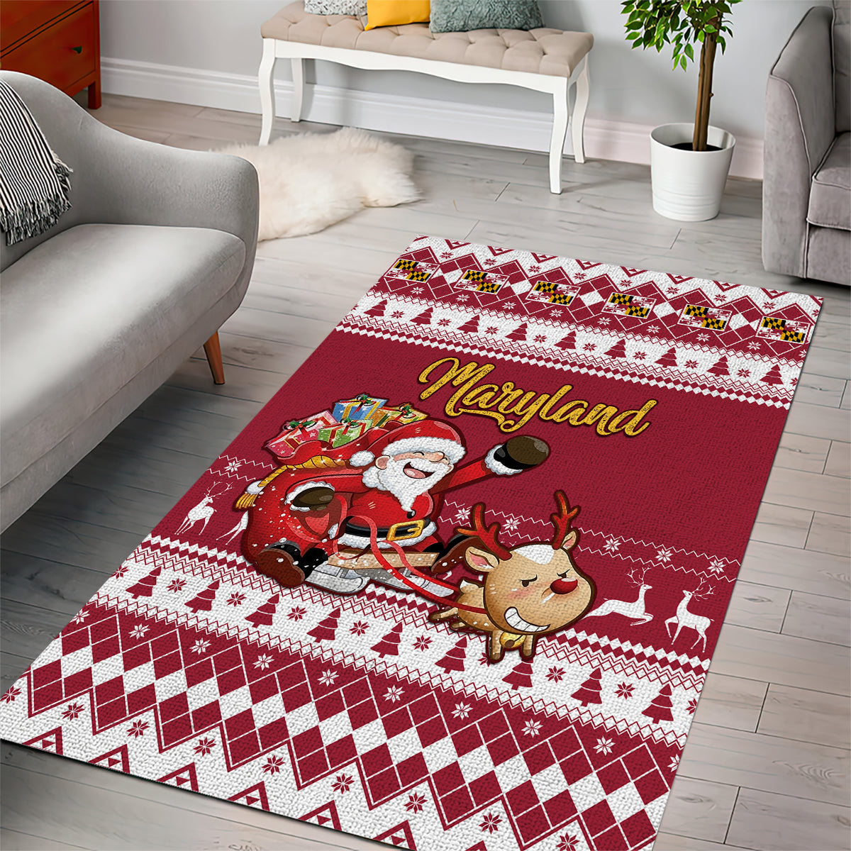 Custom Maryland Christmas Area Rug Santa Claus Riding A Reindeer - Wonder Print Shop