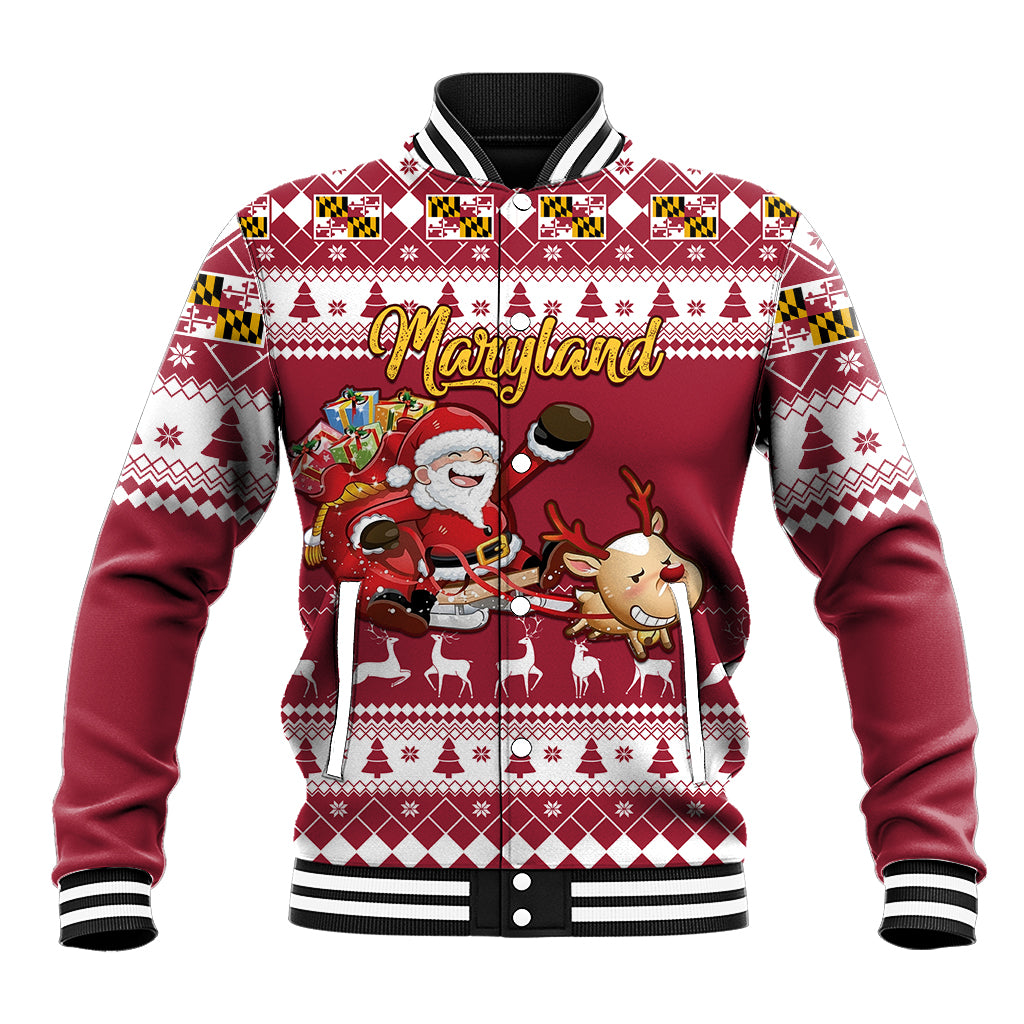 Custom Maryland Christmas Baseball Jacket Santa Claus Riding A Reindeer - Wonder Print Shop