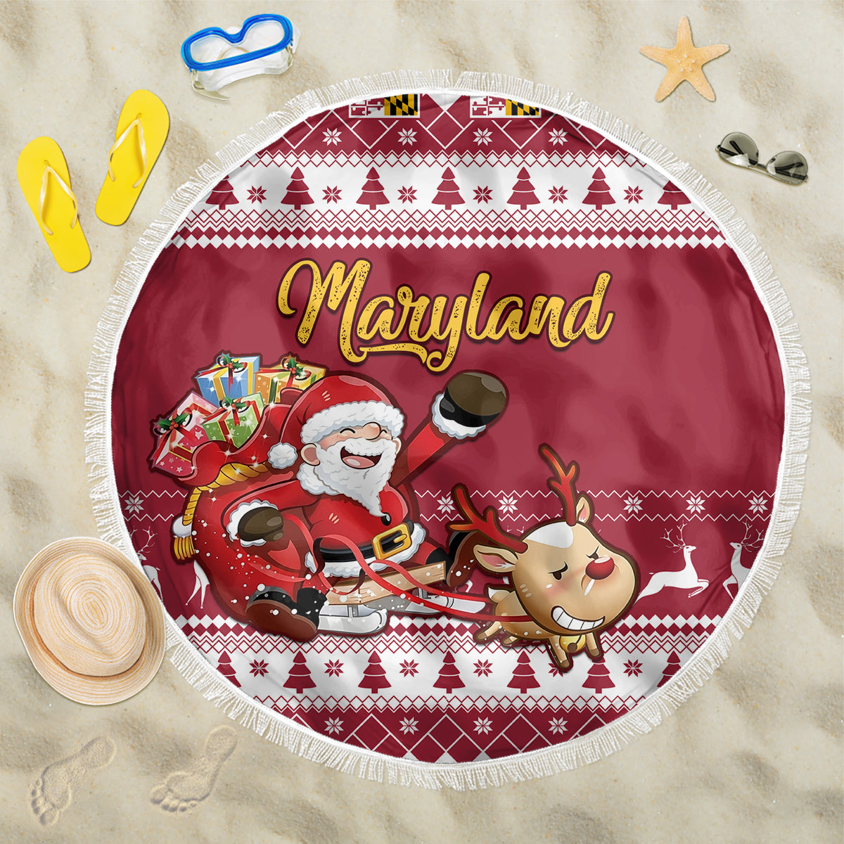 Custom Maryland Christmas Beach Blanket Santa Claus Riding A Reindeer - Wonder Print Shop