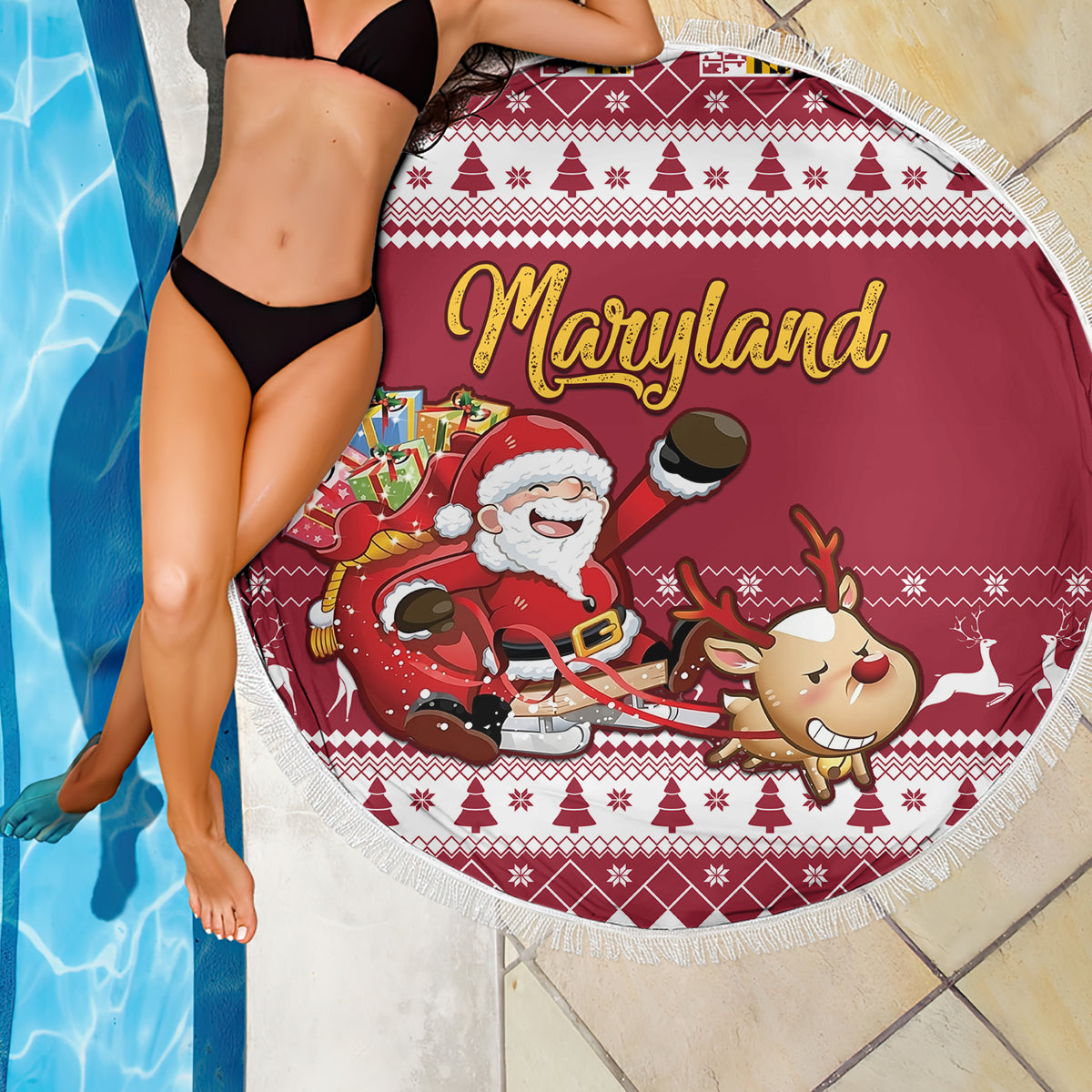 Custom Maryland Christmas Beach Blanket Santa Claus Riding A Reindeer - Wonder Print Shop