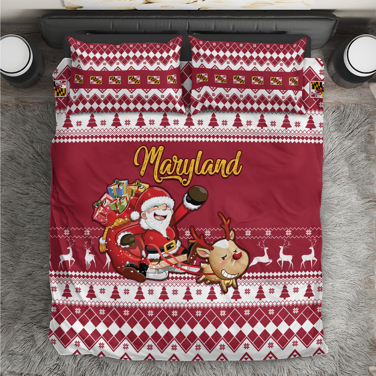 Custom Maryland Christmas Bedding Set Santa Claus Riding A Reindeer - Wonder Print Shop