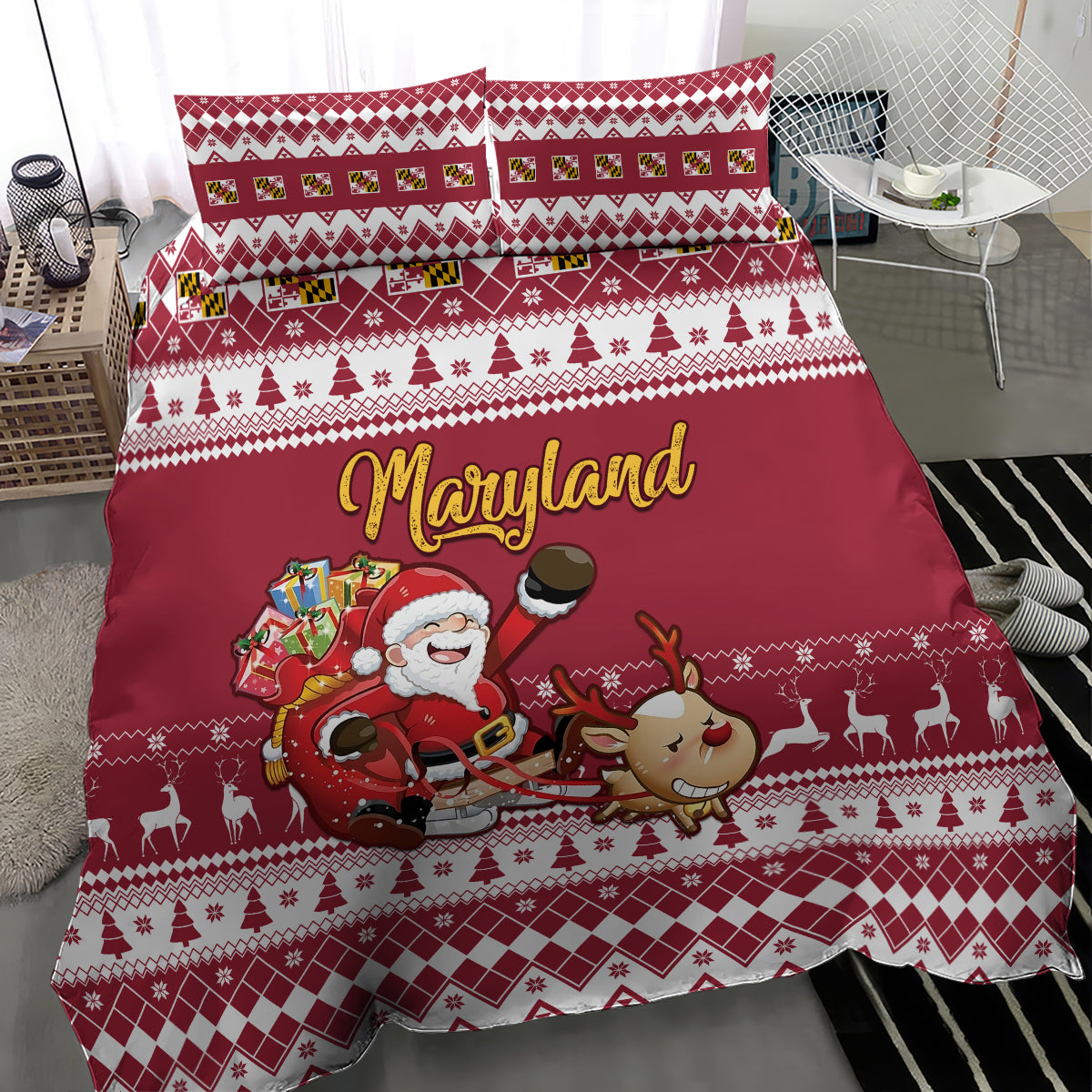 Custom Maryland Christmas Bedding Set Santa Claus Riding A Reindeer - Wonder Print Shop