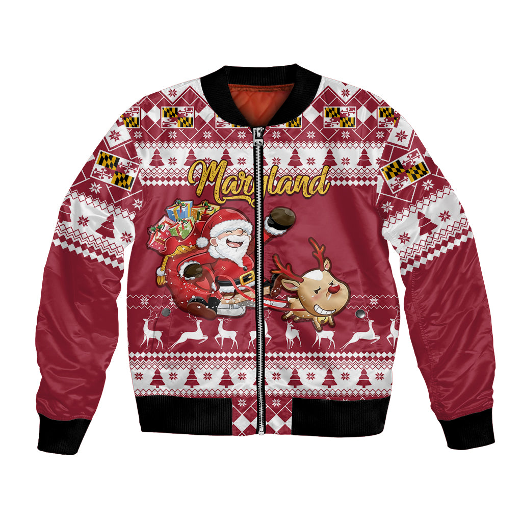 Custom Maryland Christmas Bomber Jacket Santa Claus Riding A Reindeer - Wonder Print Shop