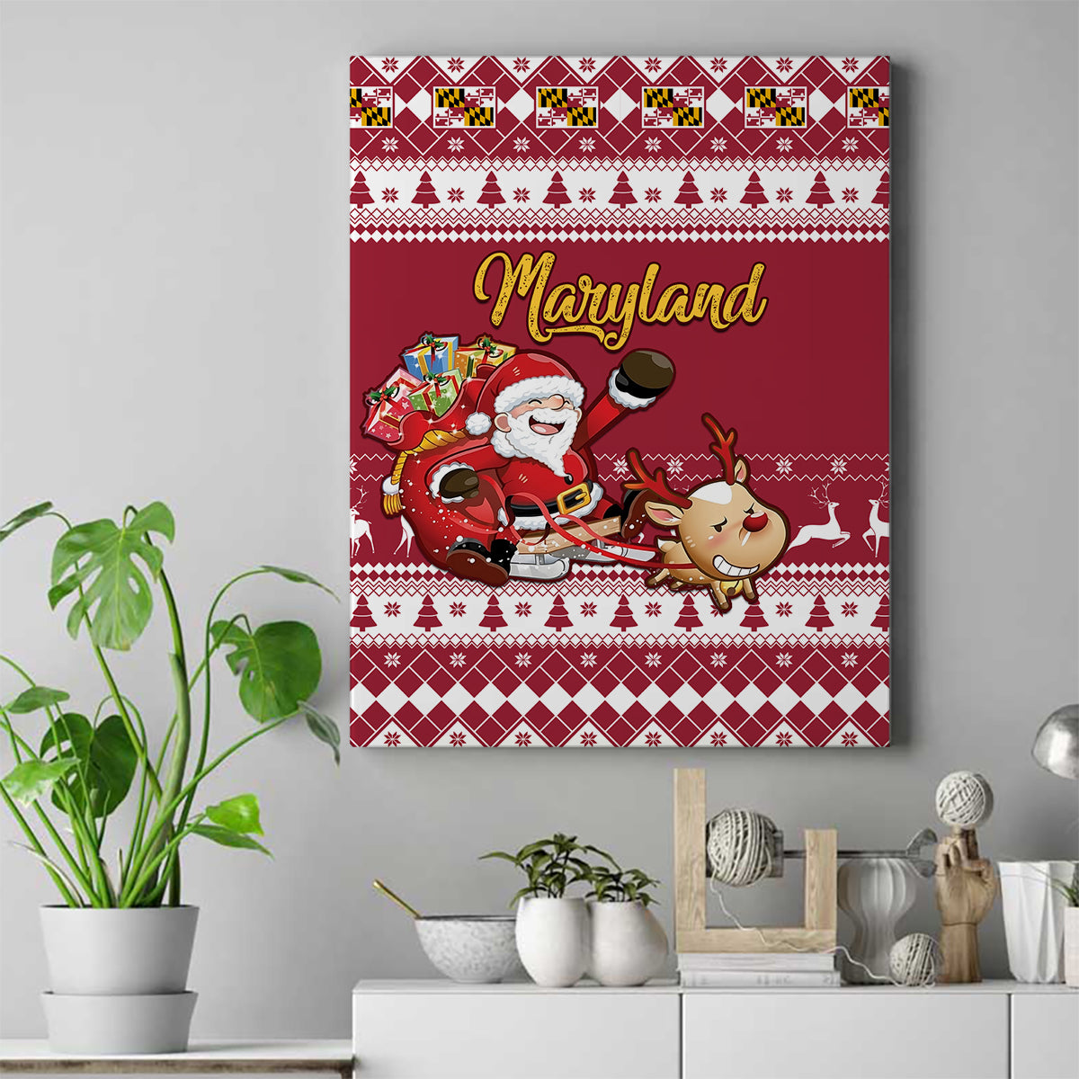 Custom Maryland Christmas Canvas Wall Art Santa Claus Riding A Reindeer - Wonder Print Shop