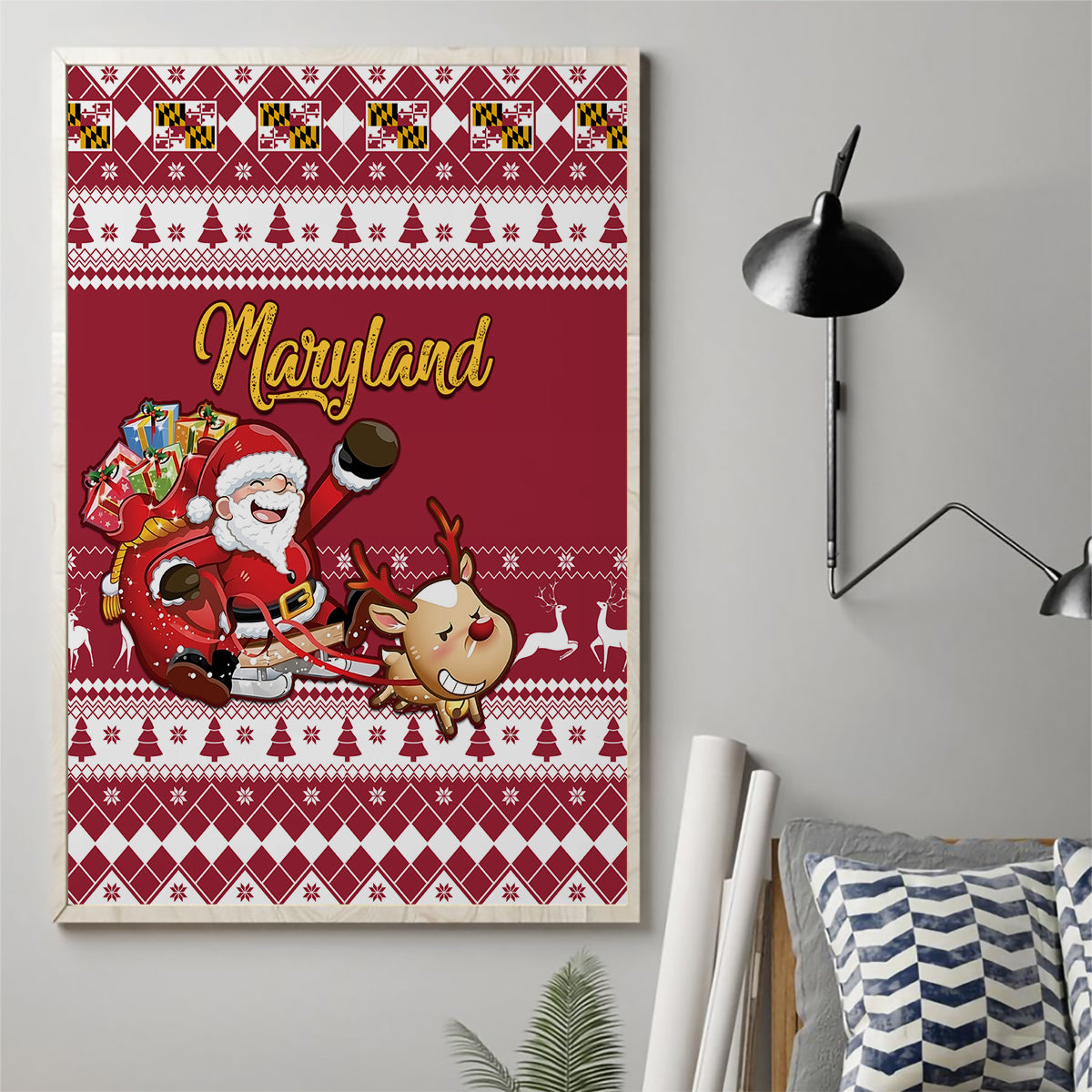 Custom Maryland Christmas Canvas Wall Art Santa Claus Riding A Reindeer - Wonder Print Shop