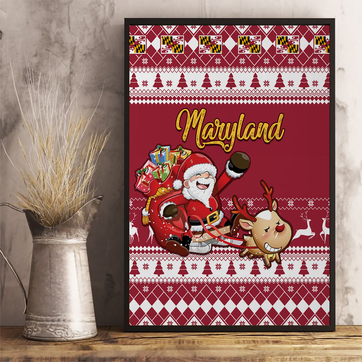 Custom Maryland Christmas Canvas Wall Art Santa Claus Riding A Reindeer - Wonder Print Shop