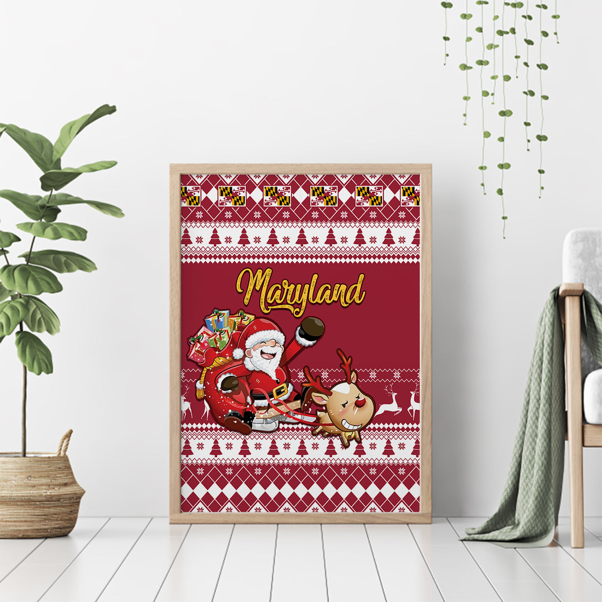 Custom Maryland Christmas Canvas Wall Art Santa Claus Riding A Reindeer - Wonder Print Shop