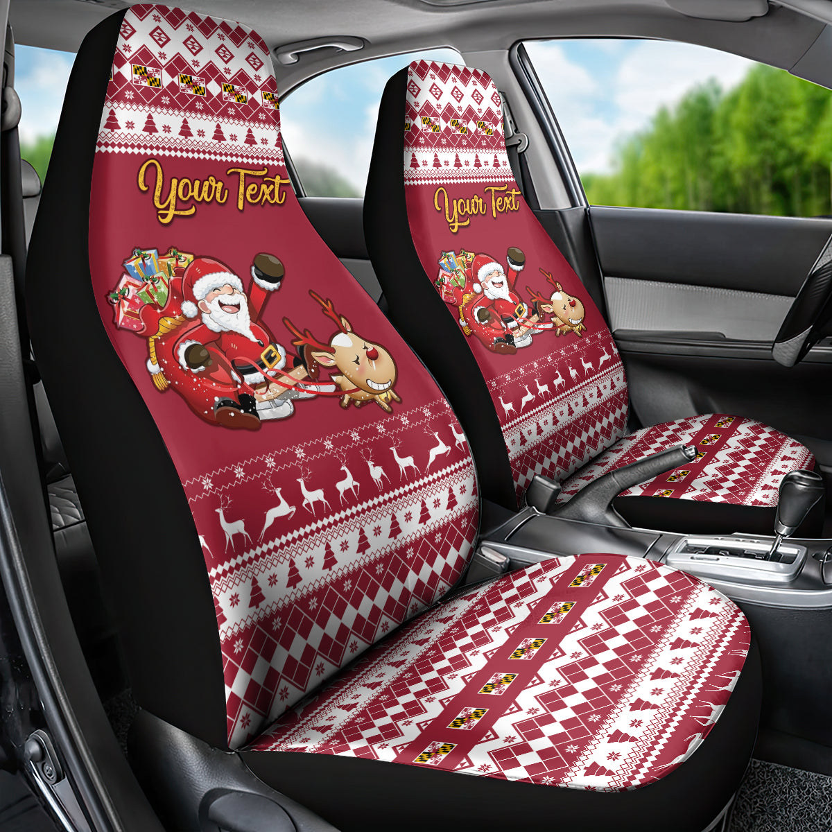 Custom Maryland Christmas Car Seat Cover Santa Claus Riding A Reindeer - Wonder Print Shop