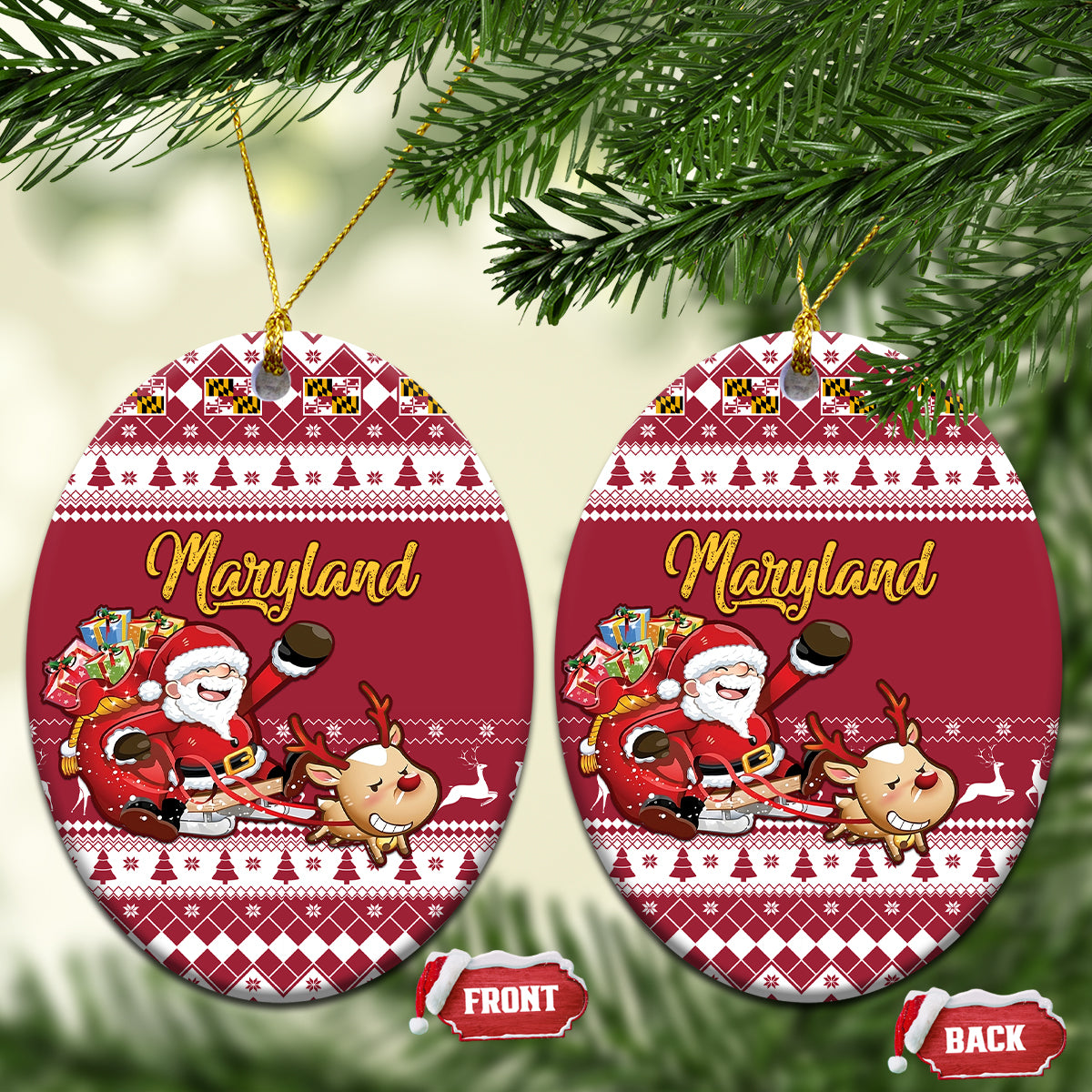 Maryland Christmas Ceramic Ornament Santa Claus Riding A Reindeer - Wonder Print Shop