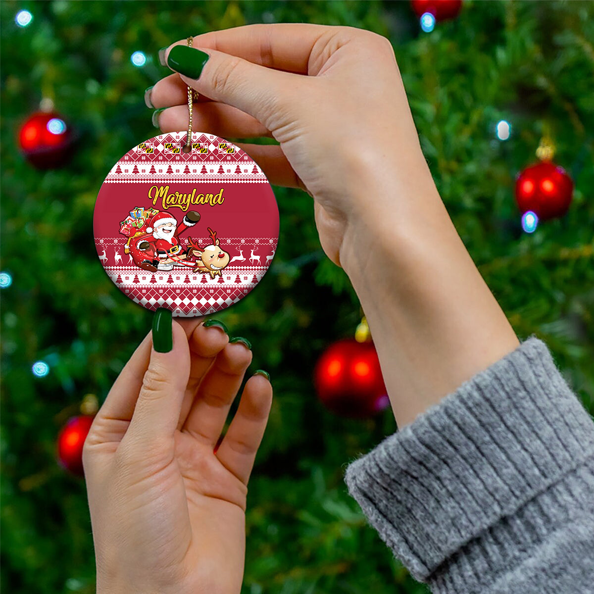 Maryland Christmas Ceramic Ornament Santa Claus Riding A Reindeer - Wonder Print Shop