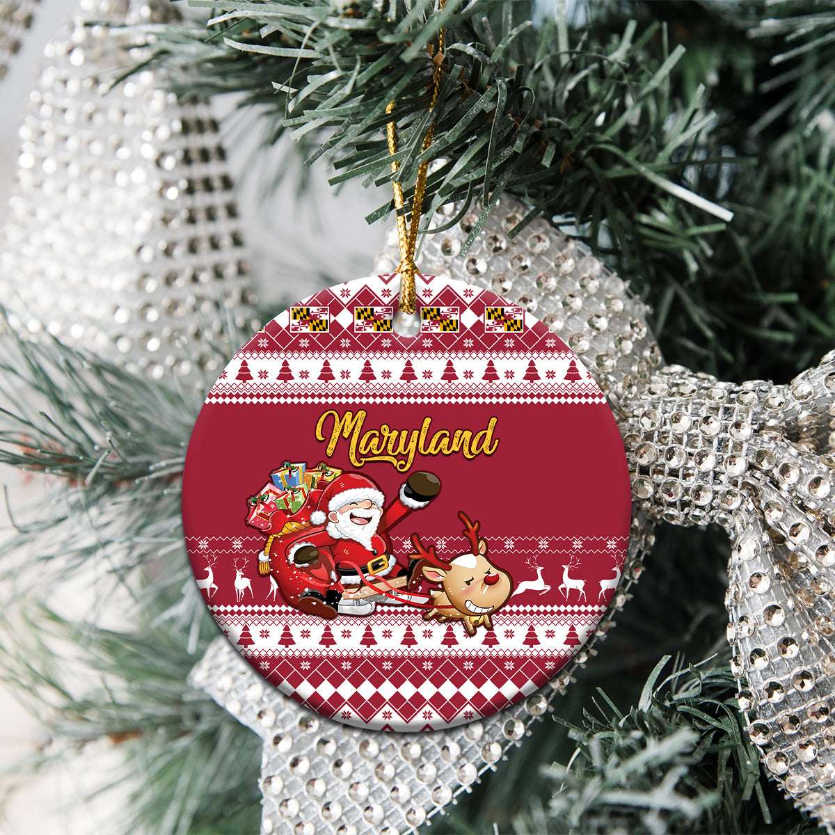 Maryland Christmas Ceramic Ornament Santa Claus Riding A Reindeer - Wonder Print Shop