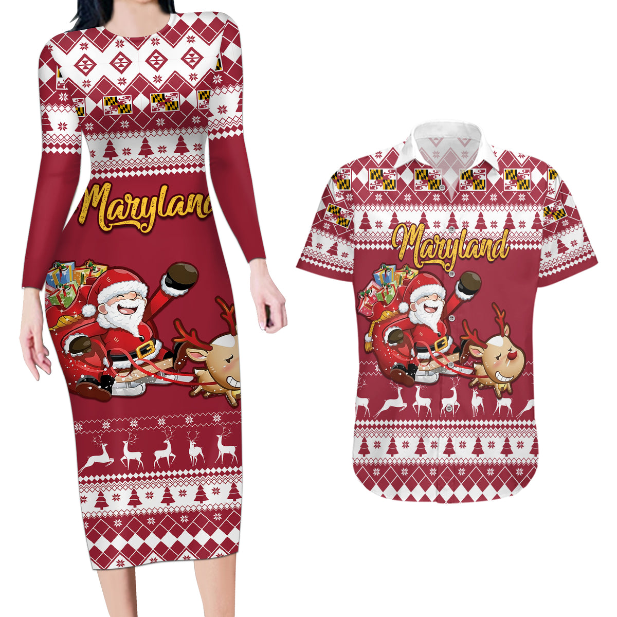 Custom Maryland Christmas Couples Matching Long Sleeve Bodycon Dress and Hawaiian Shirt Santa Claus Riding A Reindeer - Wonder Print Shop