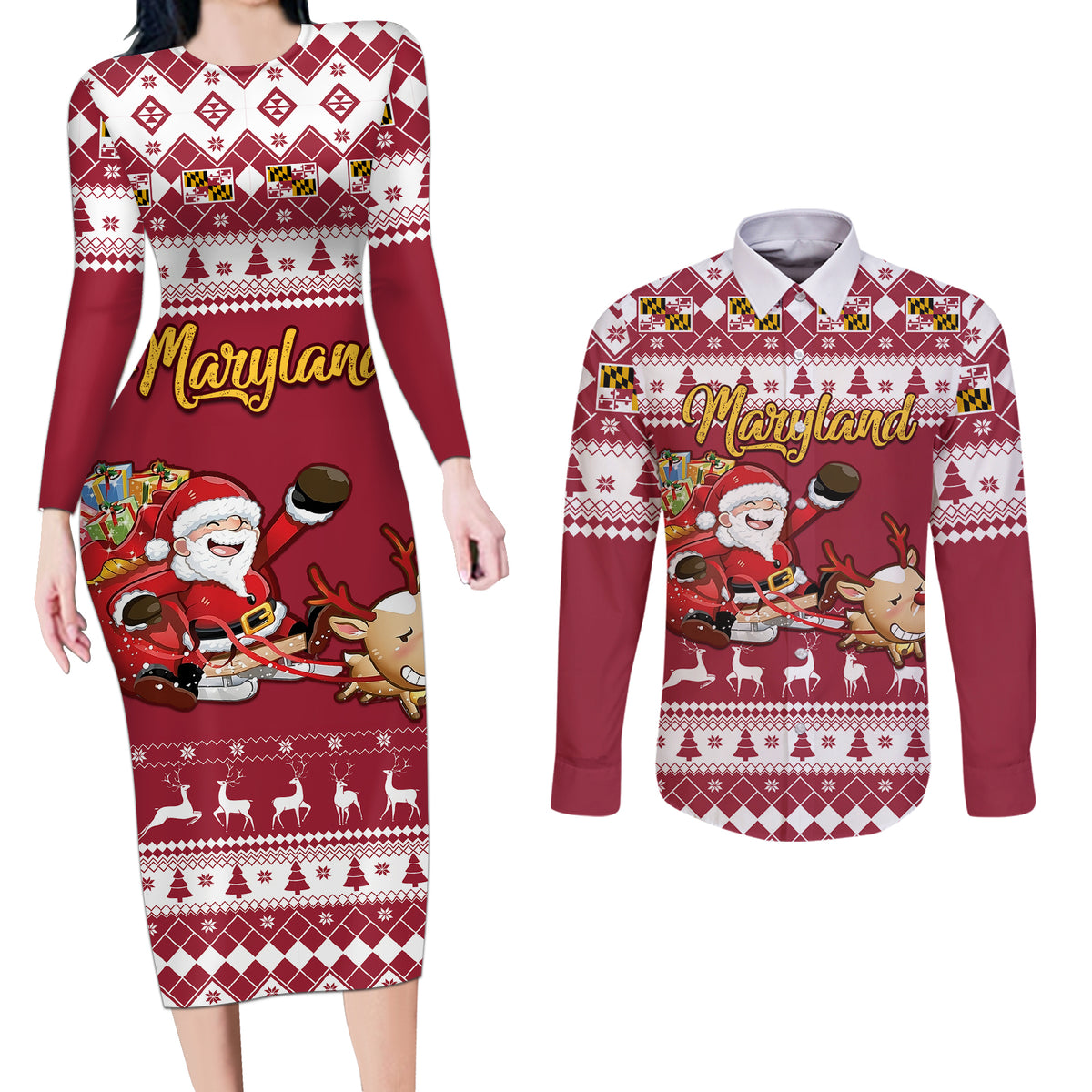 Custom Maryland Christmas Couples Matching Long Sleeve Bodycon Dress and Long Sleeve Button Shirt Santa Claus Riding A Reindeer - Wonder Print Shop