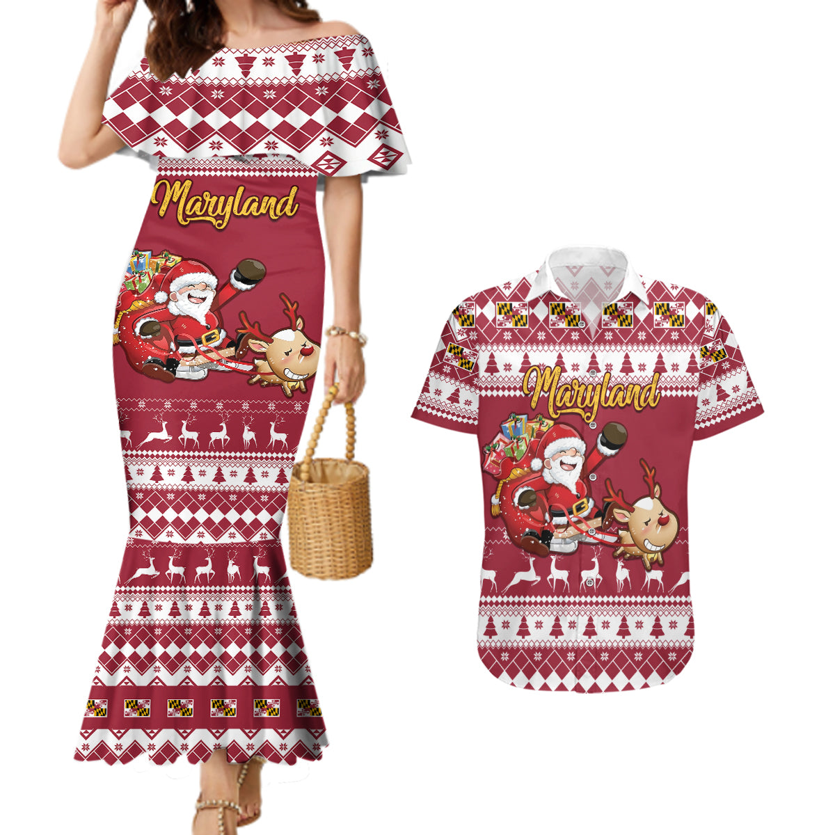 Custom Maryland Christmas Couples Matching Mermaid Dress and Hawaiian Shirt Santa Claus Riding A Reindeer - Wonder Print Shop