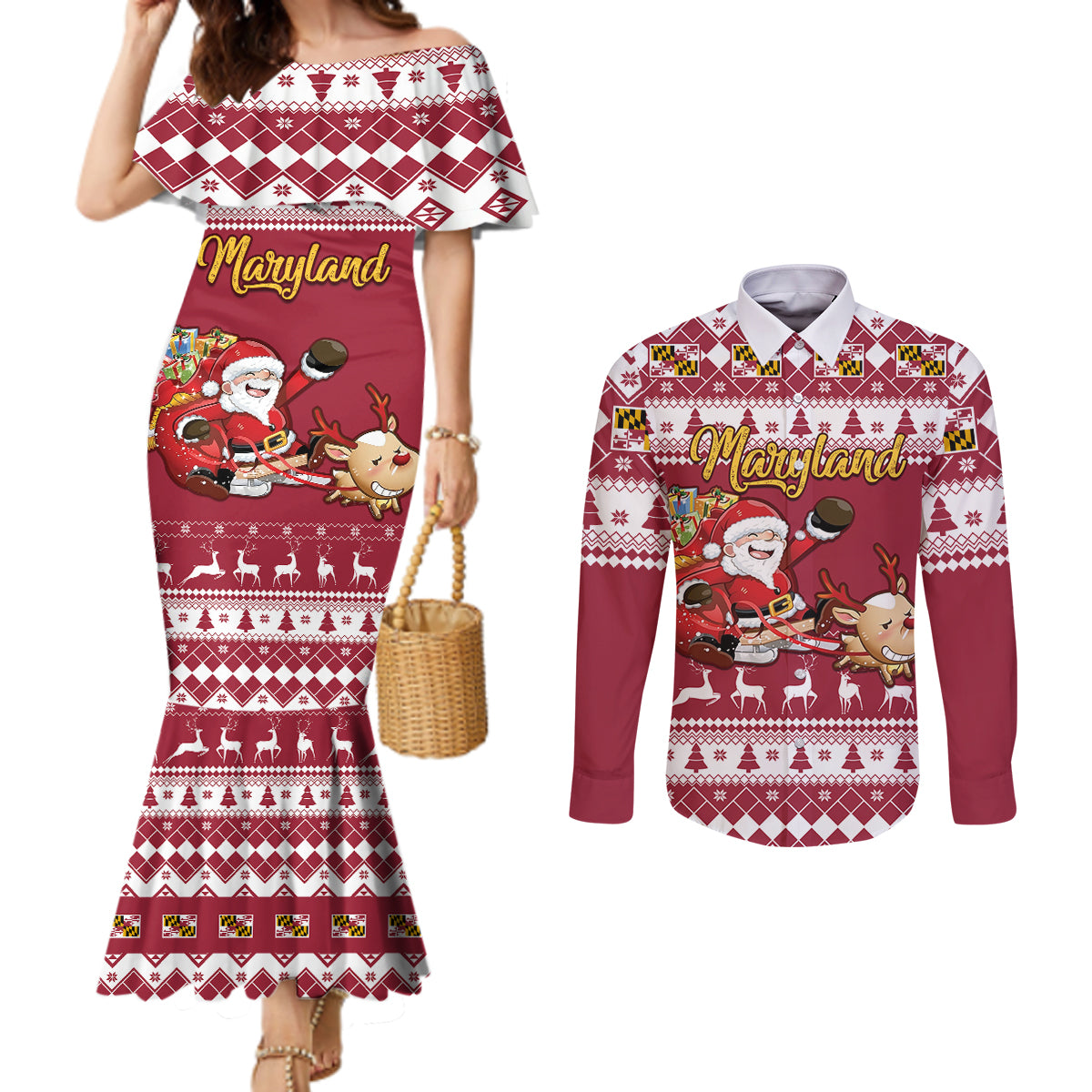 custom-maryland-christmas-couples-matching-mermaid-dress-and-long-sleeve-button-shirt-santa-claus-riding-a-reindeer