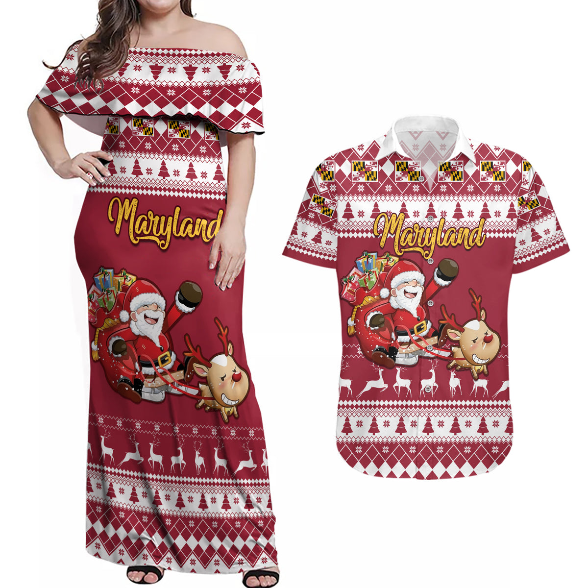 Custom Maryland Christmas Couples Matching Off Shoulder Maxi Dress and Hawaiian Shirt Santa Claus Riding A Reindeer - Wonder Print Shop
