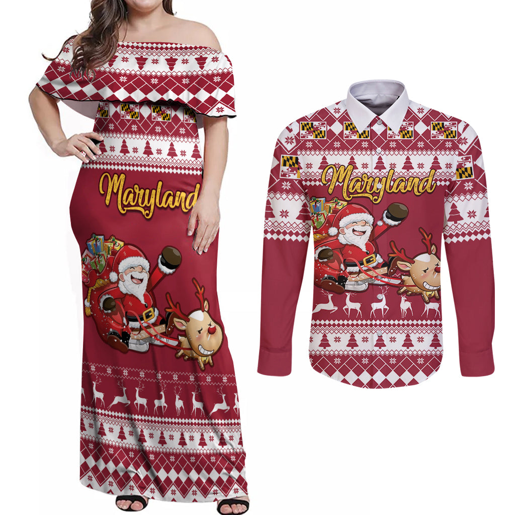 Custom Maryland Christmas Couples Matching Off Shoulder Maxi Dress and Long Sleeve Button Shirt Santa Claus Riding A Reindeer - Wonder Print Shop