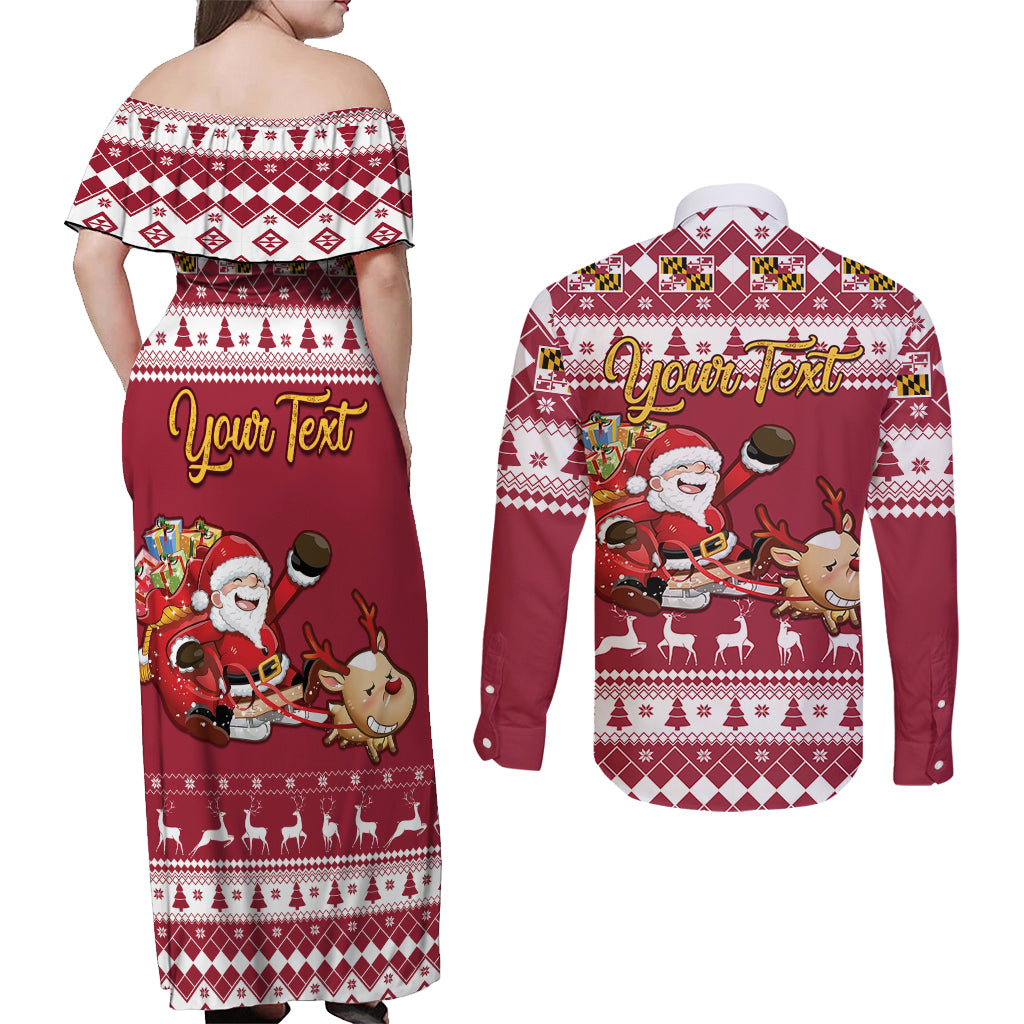 Custom Maryland Christmas Couples Matching Off Shoulder Maxi Dress and Long Sleeve Button Shirt Santa Claus Riding A Reindeer - Wonder Print Shop