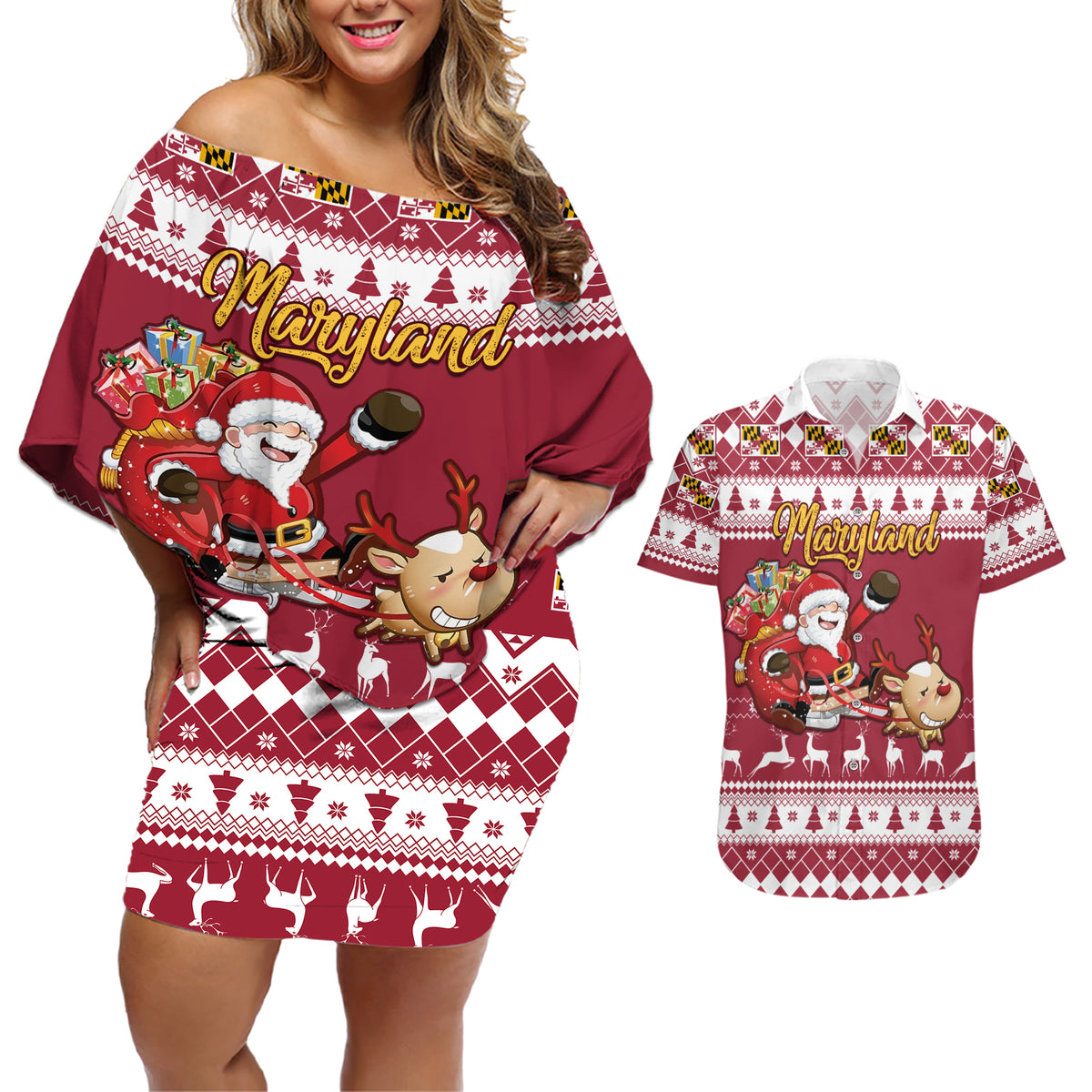 Custom Maryland Christmas Couples Matching Off Shoulder Short Dress and Hawaiian Shirt Santa Claus Riding A Reindeer - Wonder Print Shop