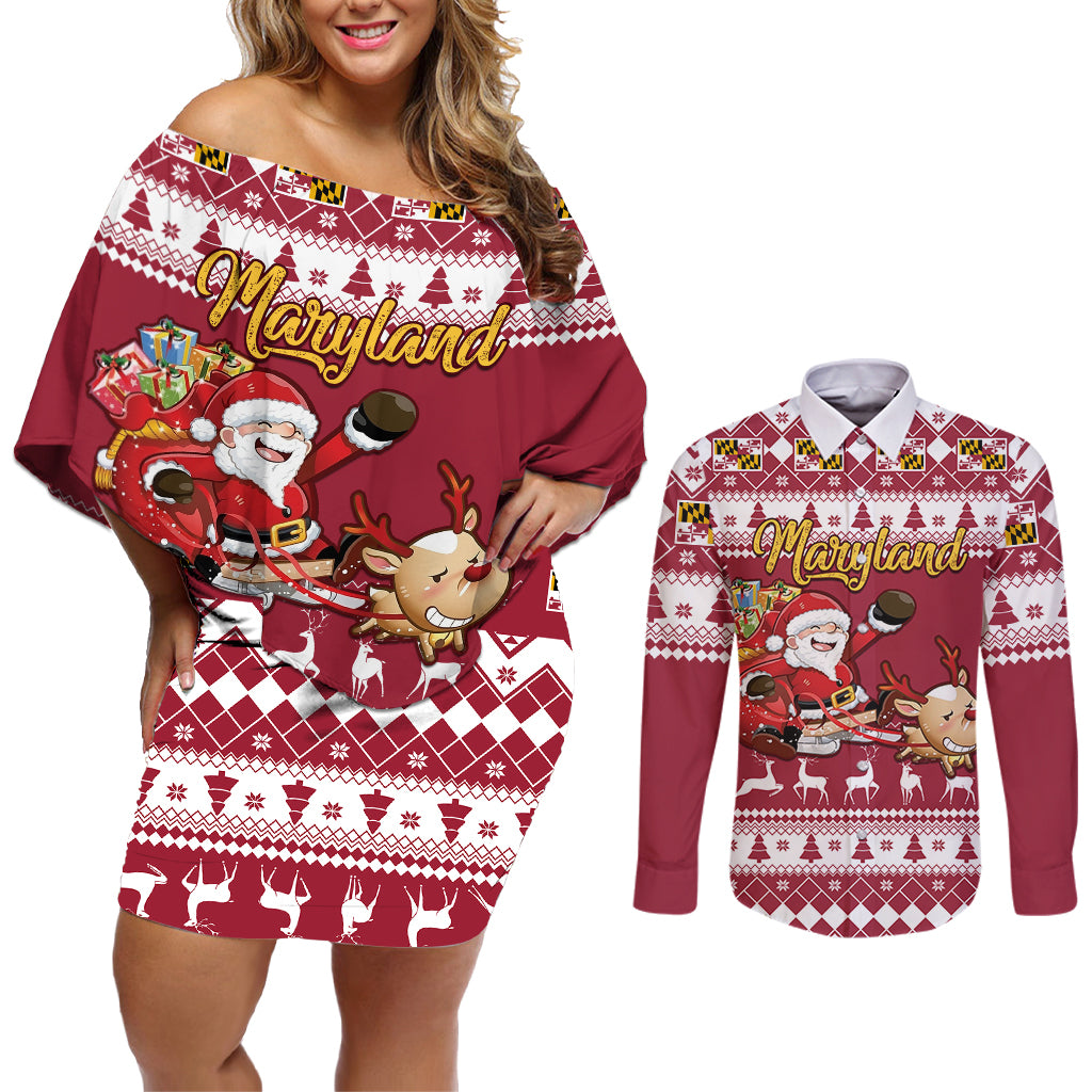 Custom Maryland Christmas Couples Matching Off Shoulder Short Dress and Long Sleeve Button Shirt Santa Claus Riding A Reindeer - Wonder Print Shop