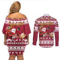 Custom Maryland Christmas Couples Matching Off Shoulder Short Dress and Long Sleeve Button Shirt Santa Claus Riding A Reindeer - Wonder Print Shop